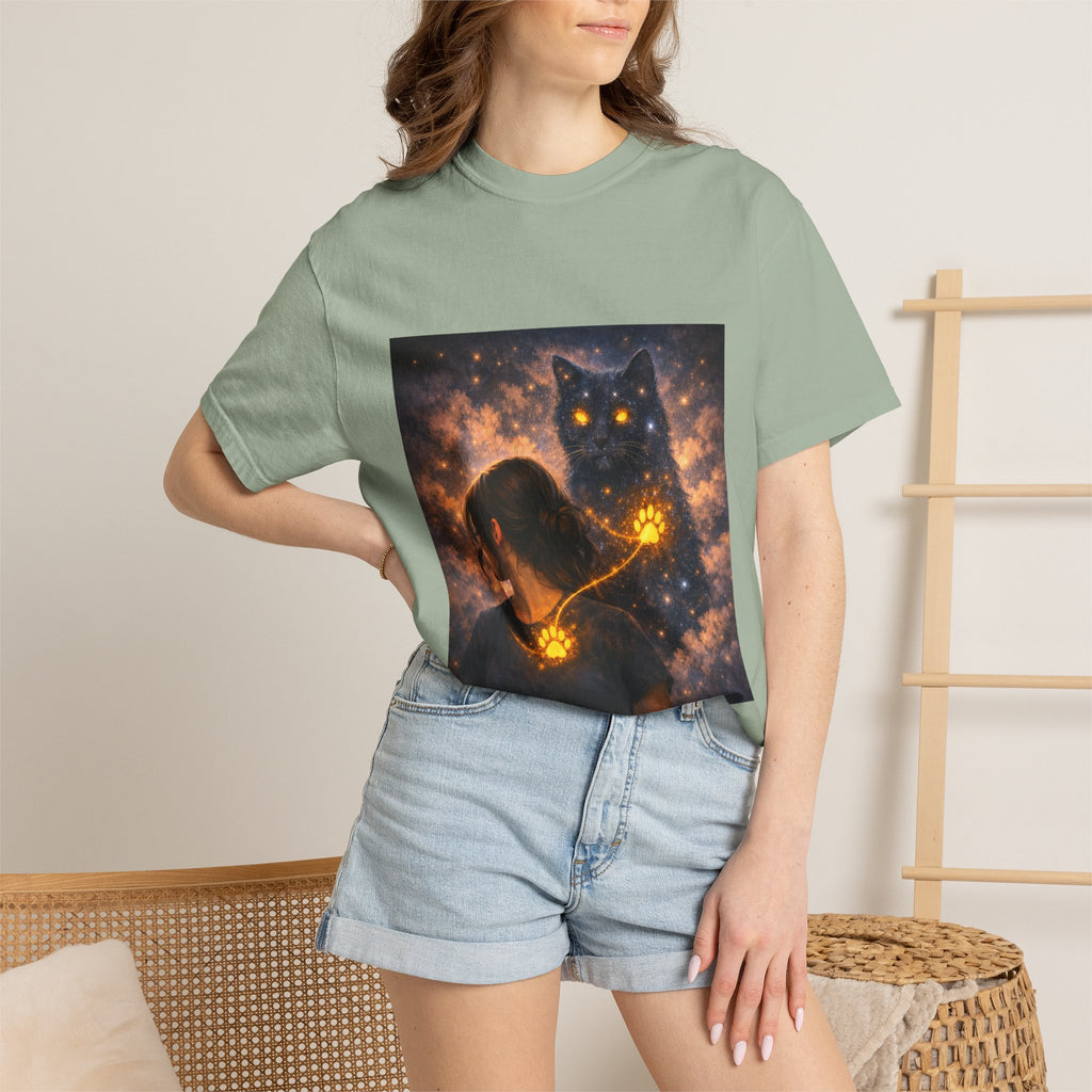 Mystic Cat Guardian T-Shirt — Glowing Heart & Starry Night Graphic Tee