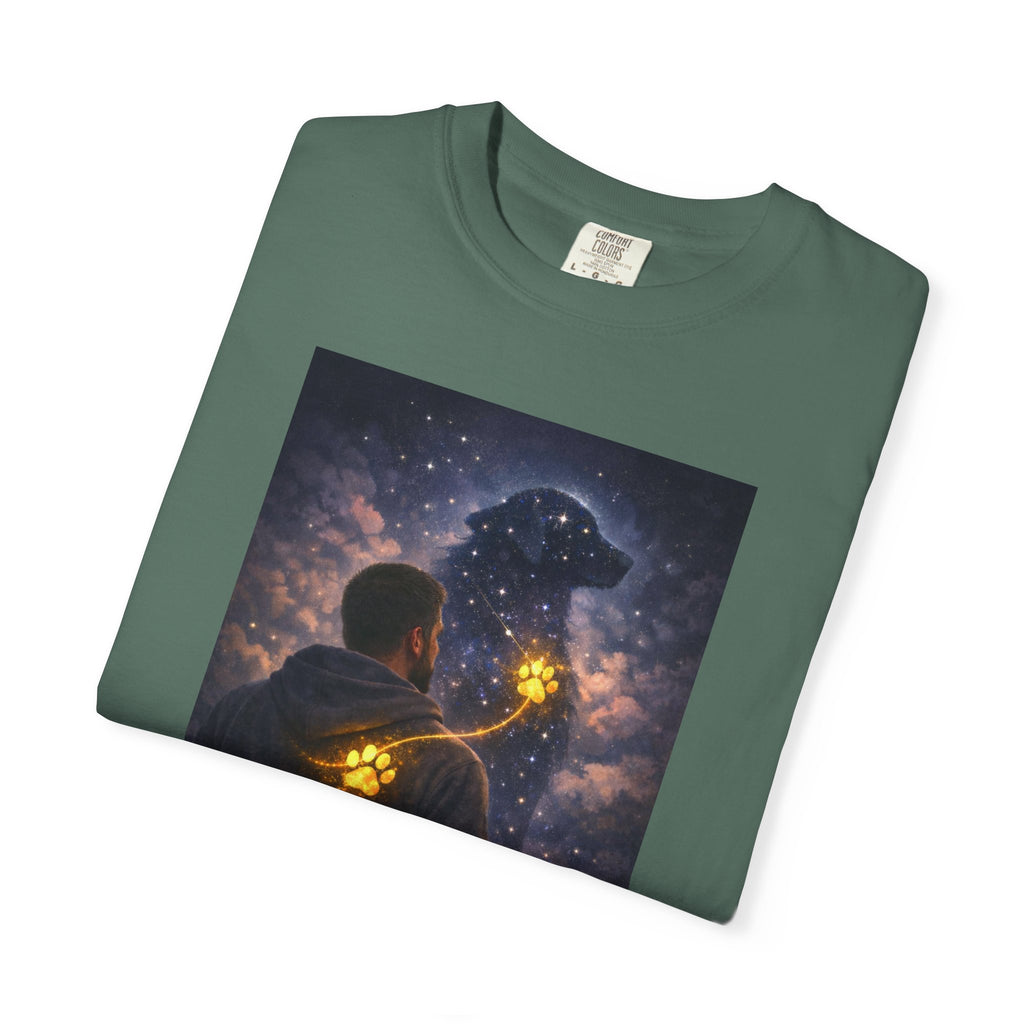 Stargazer Dog T‑Shirt — Cosmic Silhouette with Glowing Pawprint