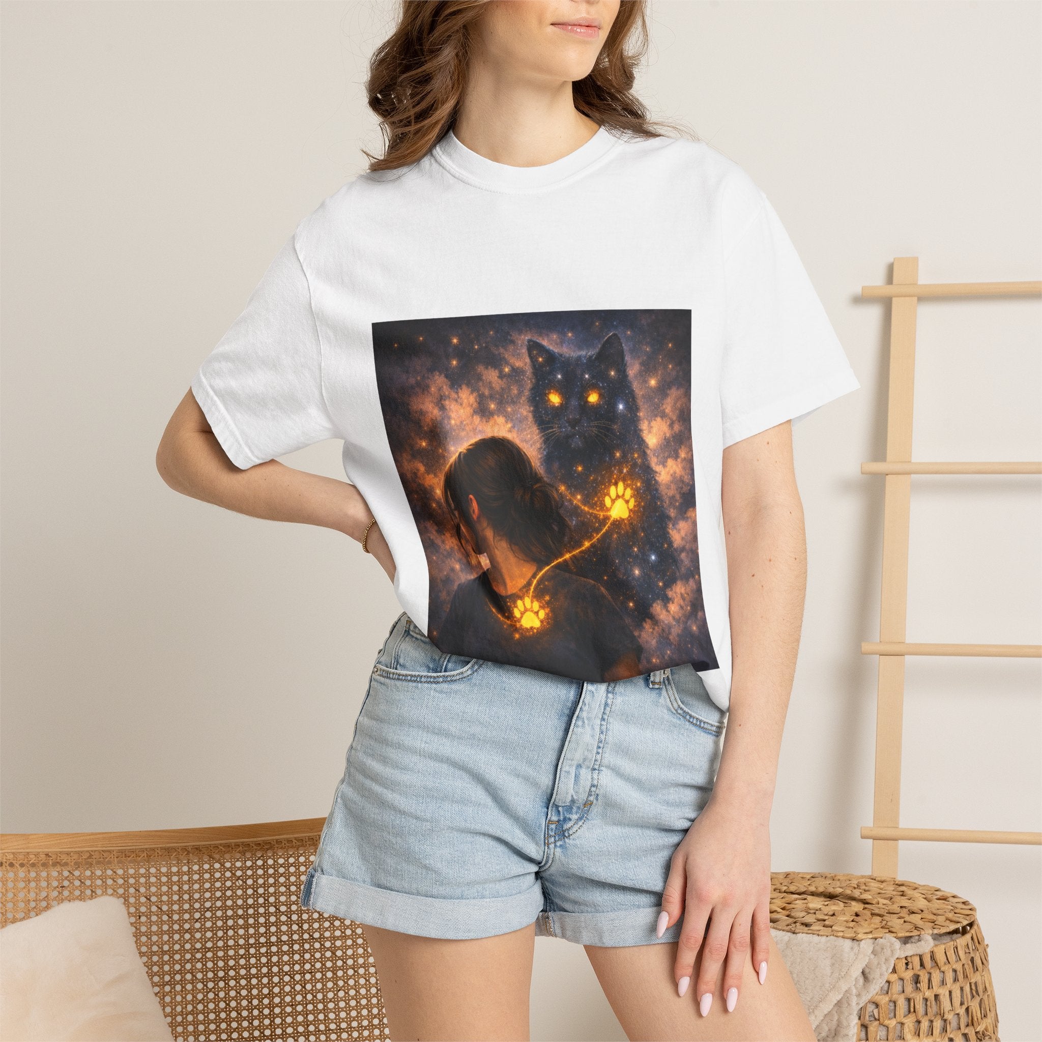 Mystic Cat Guardian T-Shirt — Glowing Heart & Starry Night Graphic Tee