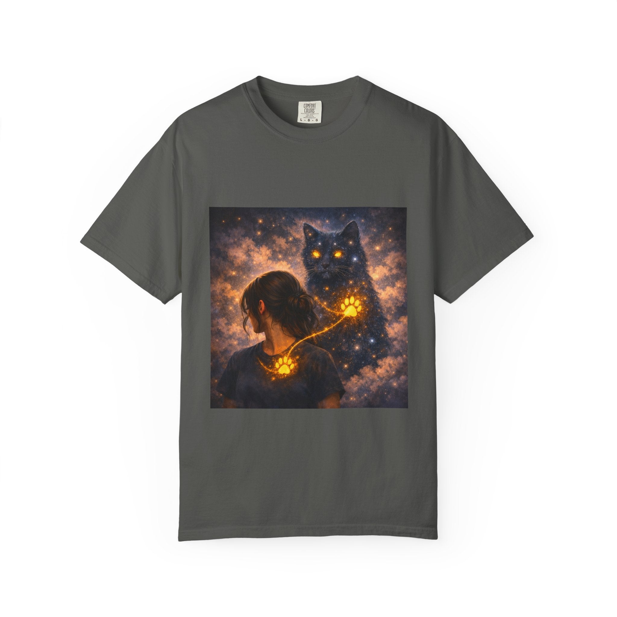 Mystic Cat Guardian T-Shirt — Glowing Heart & Starry Night Graphic Tee