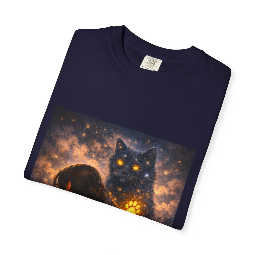 Mystic Cat Guardian T-Shirt — Glowing Heart & Starry Night Graphic Tee