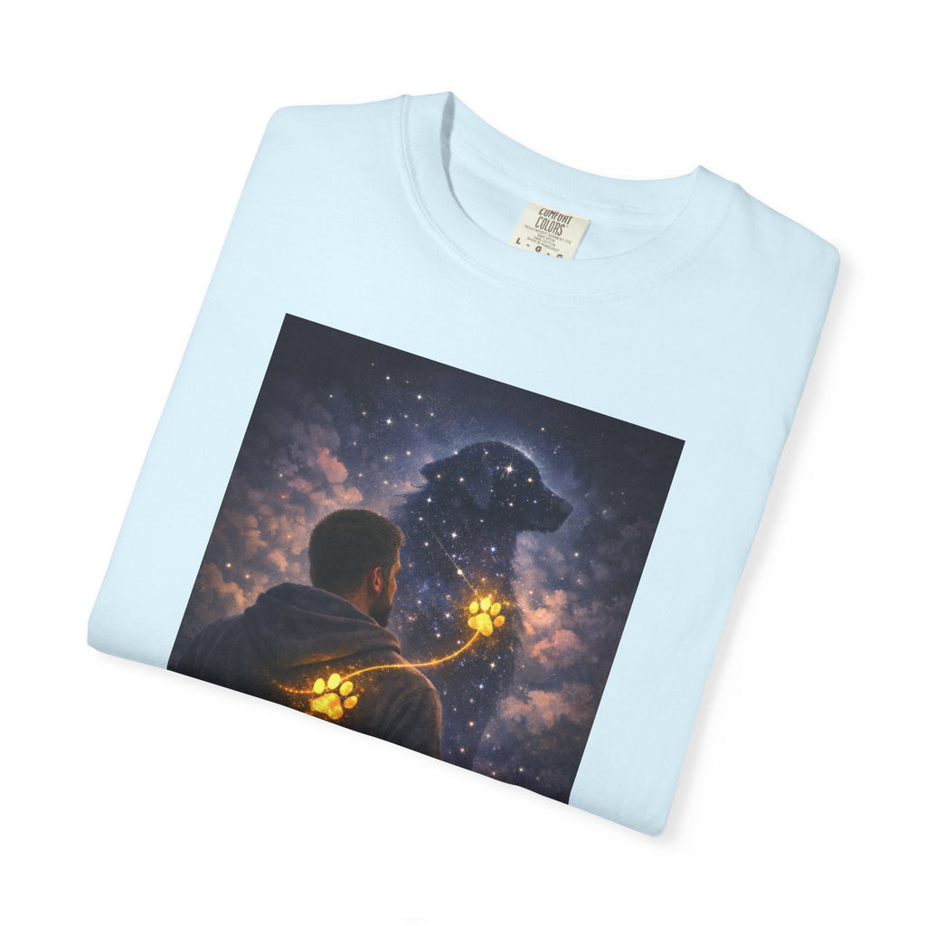 Stargazer Dog T‑Shirt — Cosmic Silhouette with Glowing Pawprint