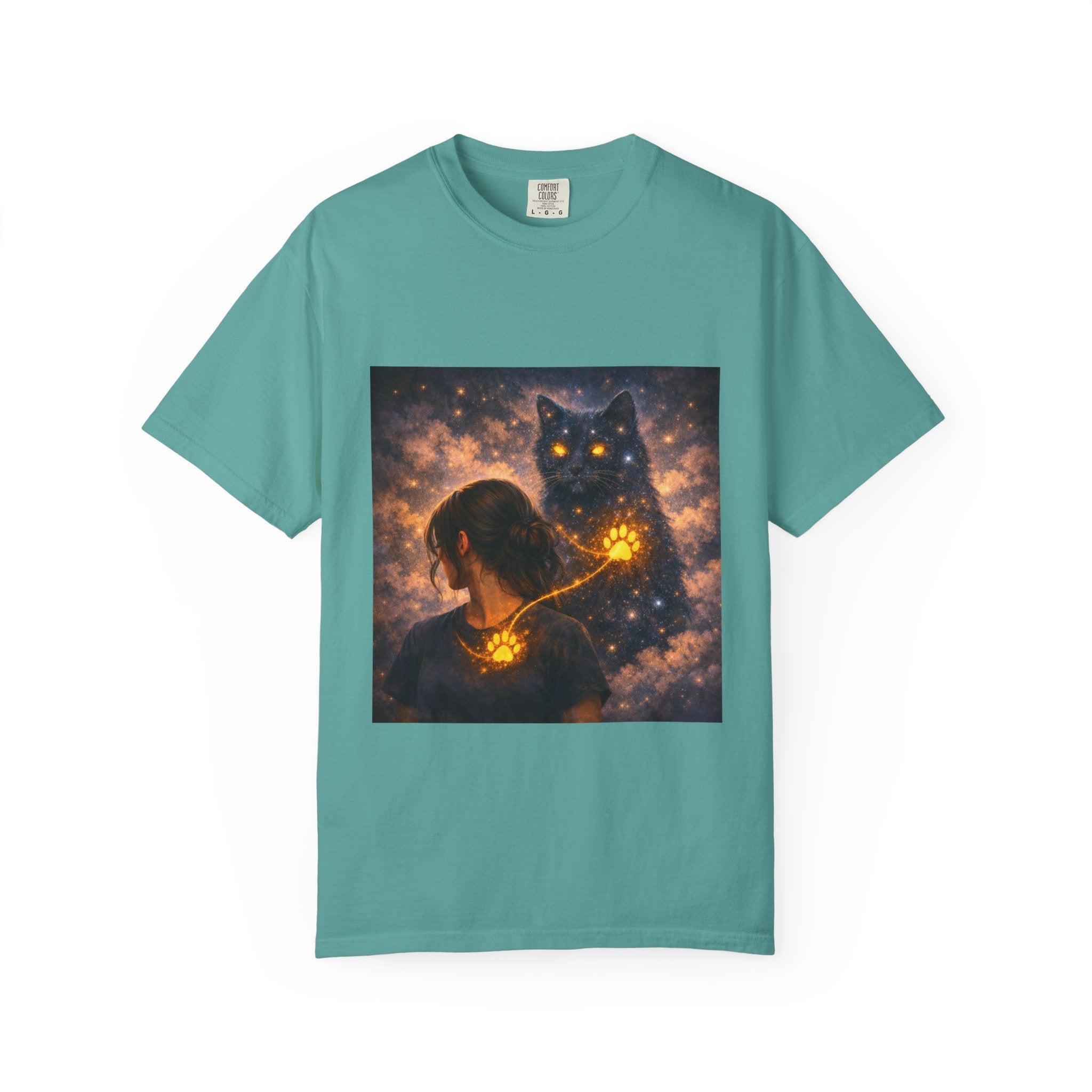 Mystic Cat Guardian T-Shirt — Glowing Heart & Starry Night Graphic Tee