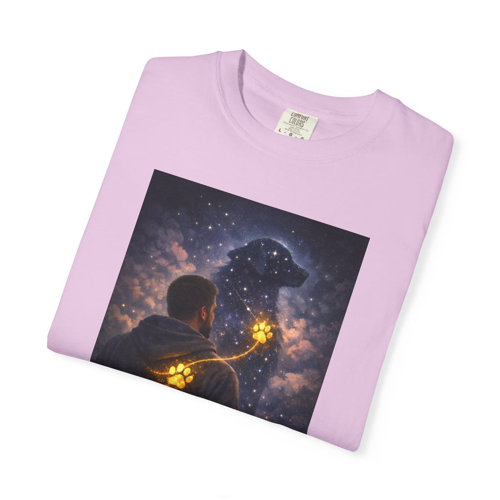 Stargazer Dog T‑Shirt — Cosmic Silhouette with Glowing Pawprint