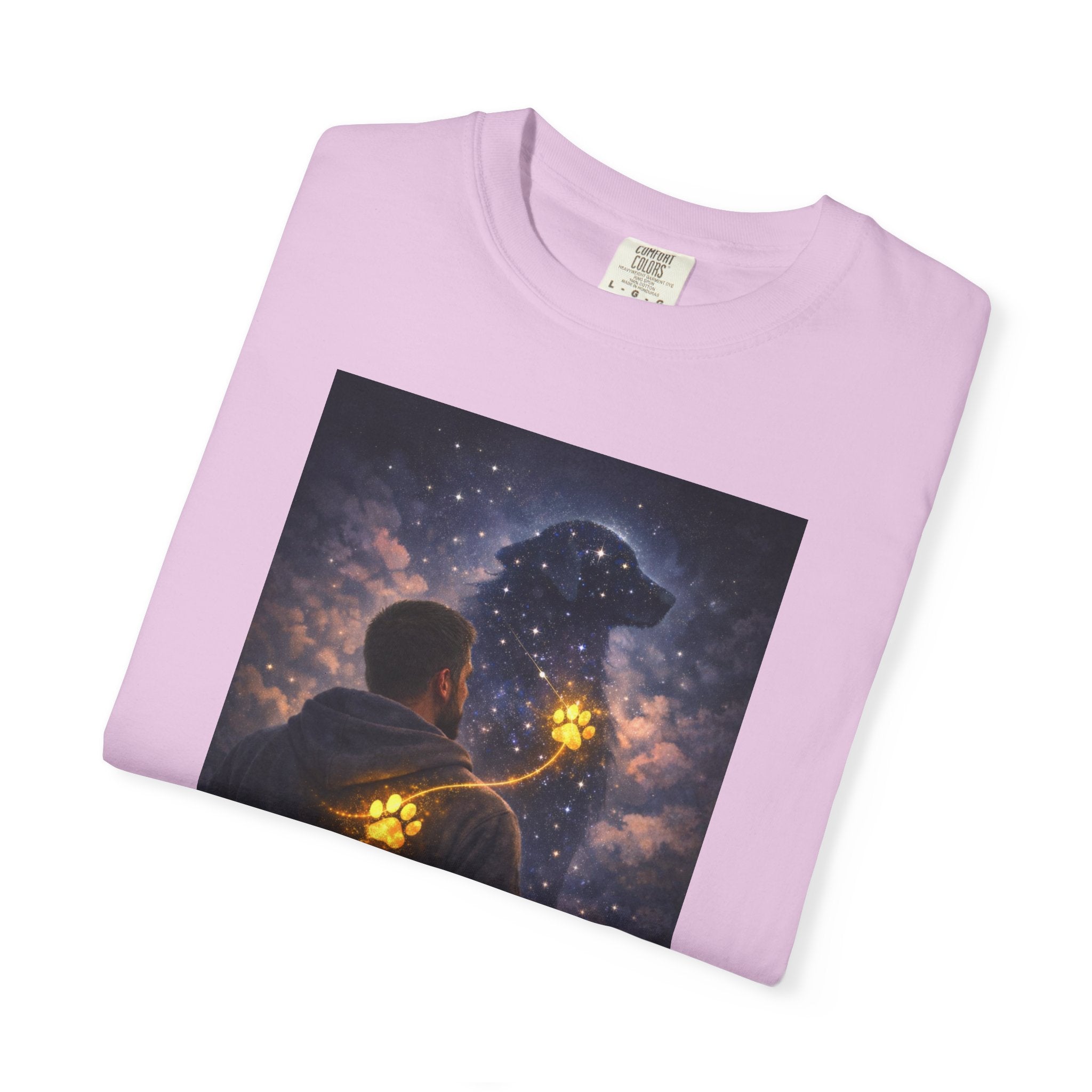 Stargazer Dog T‑Shirt — Cosmic Silhouette with Glowing Pawprint
