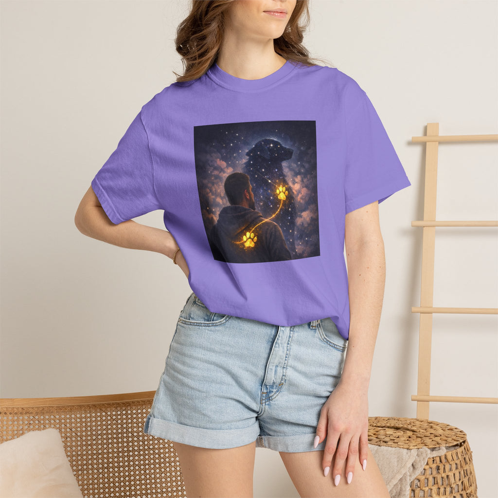 Stargazer Dog T‑Shirt — Cosmic Silhouette with Glowing Pawprint