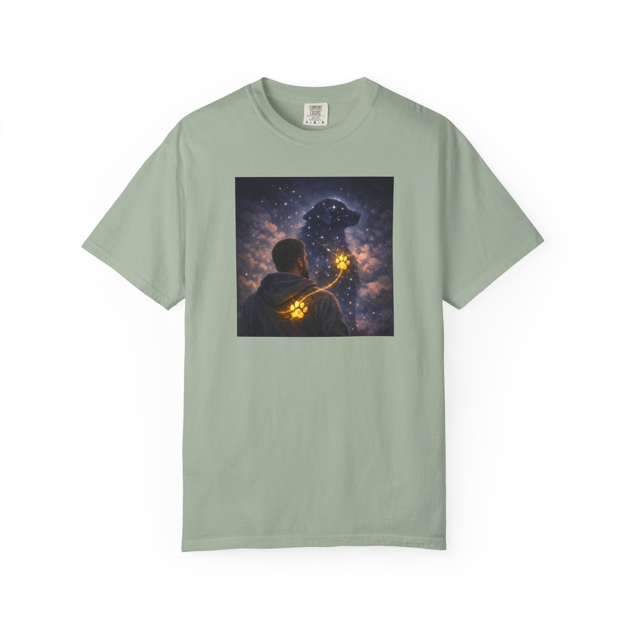 Stargazer Dog T‑Shirt — Cosmic Silhouette with Glowing Pawprint