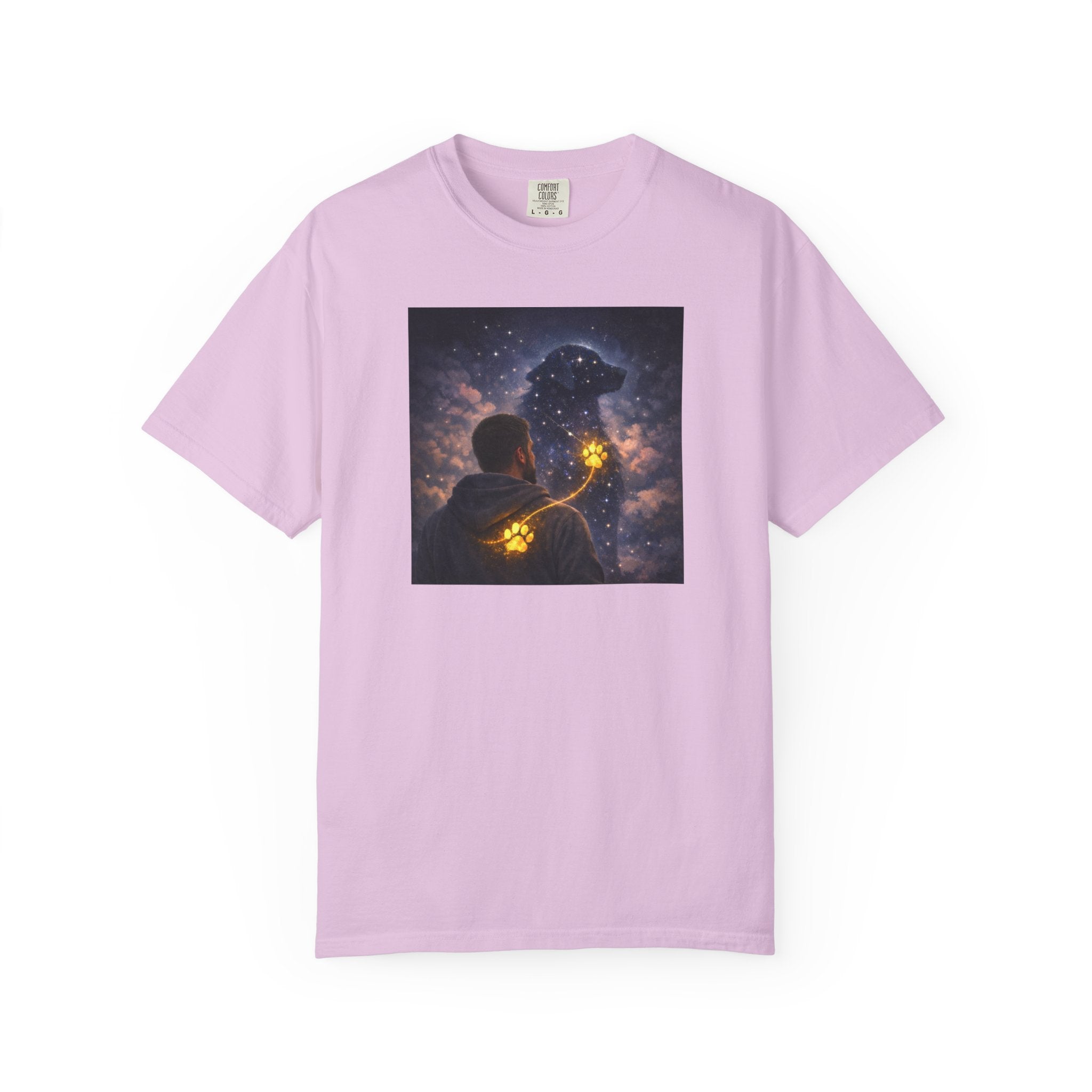 Stargazer Dog T‑Shirt — Cosmic Silhouette with Glowing Pawprint
