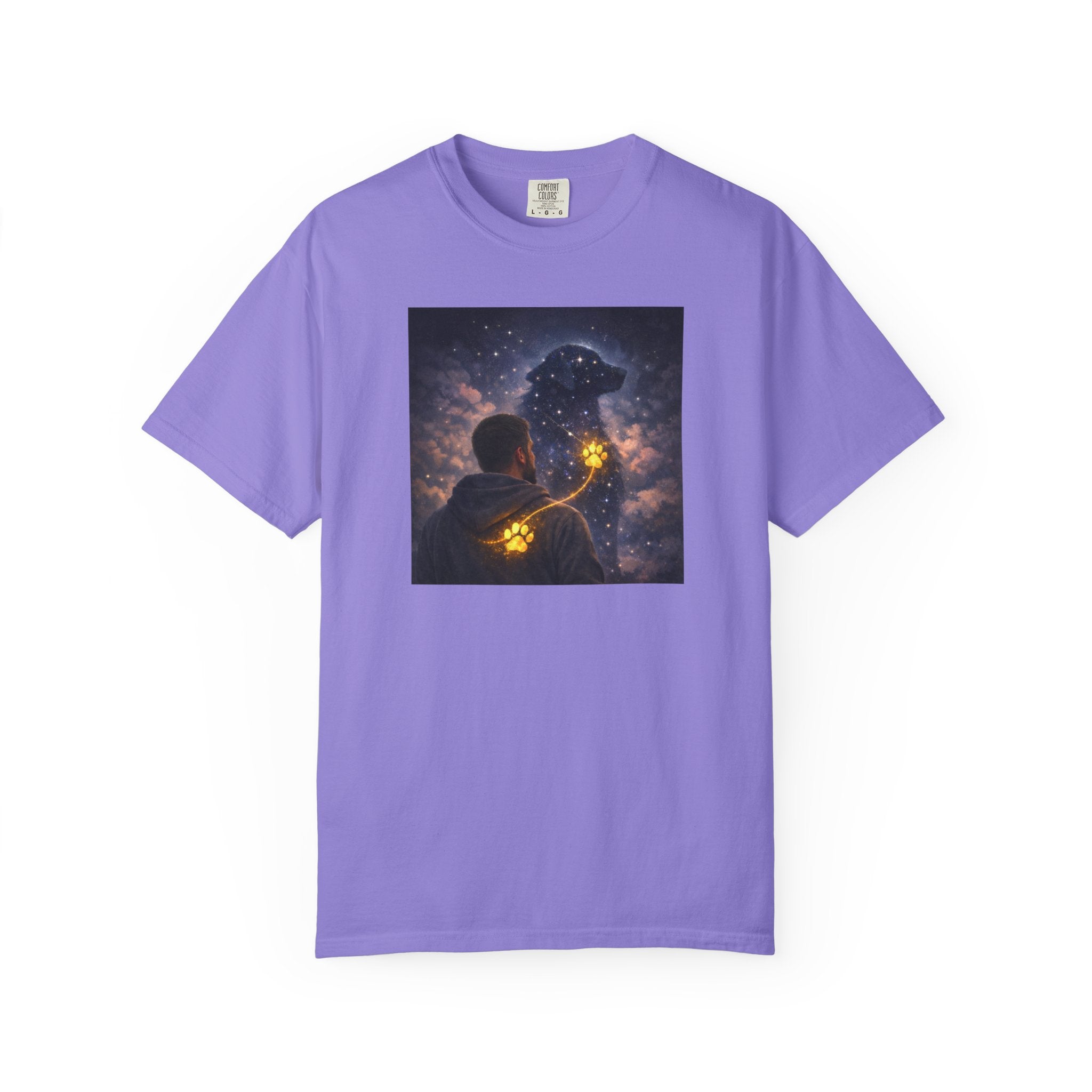 Stargazer Dog T‑Shirt — Cosmic Silhouette with Glowing Pawprint