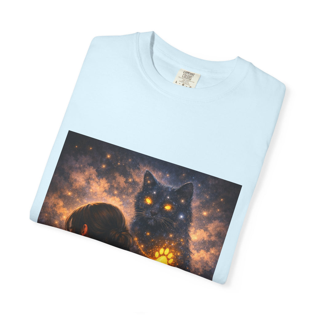 Mystic Cat Guardian T-Shirt — Glowing Heart & Starry Night Graphic Tee