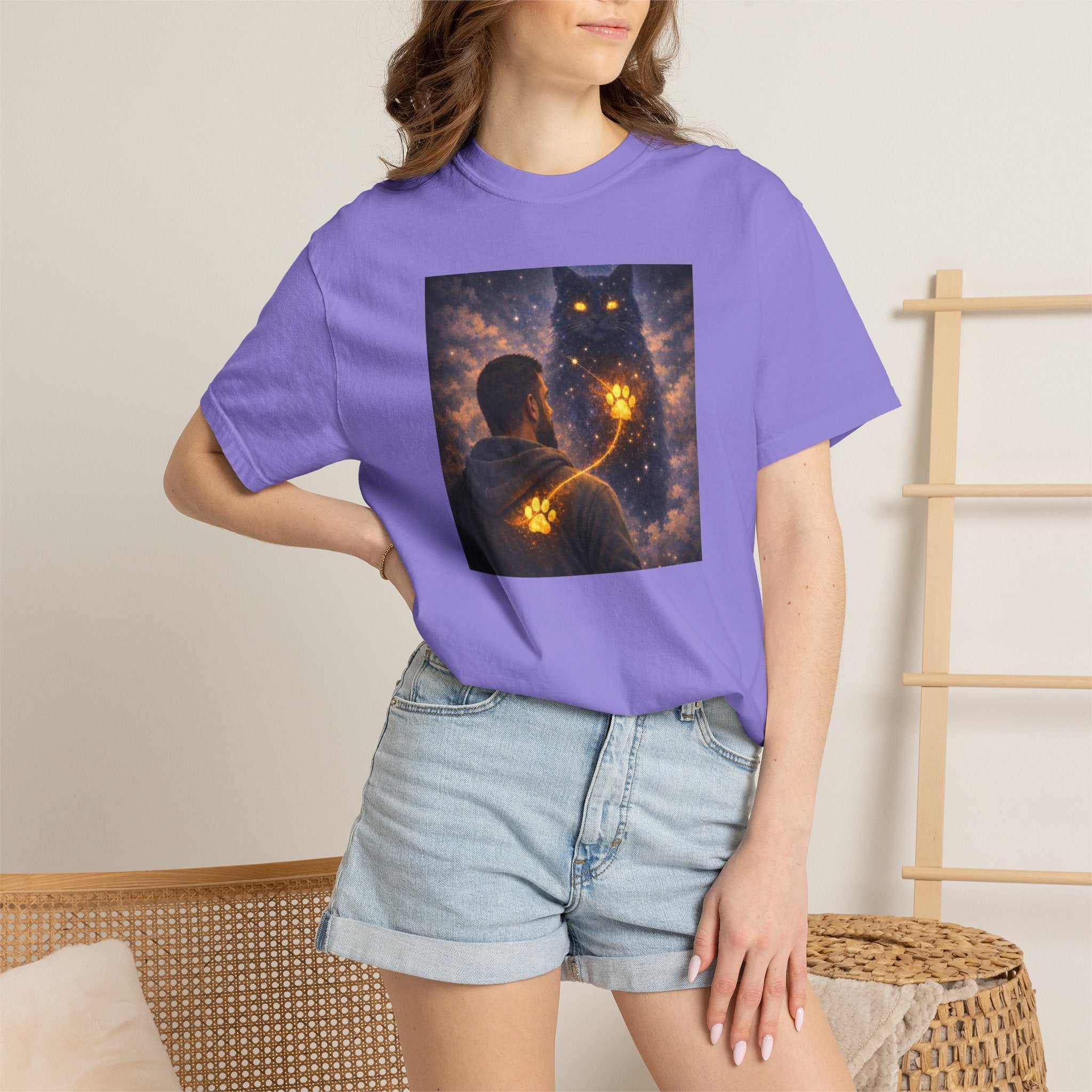 Magic Cat Constellation T-Shirt — Whimsical Night Sky Design