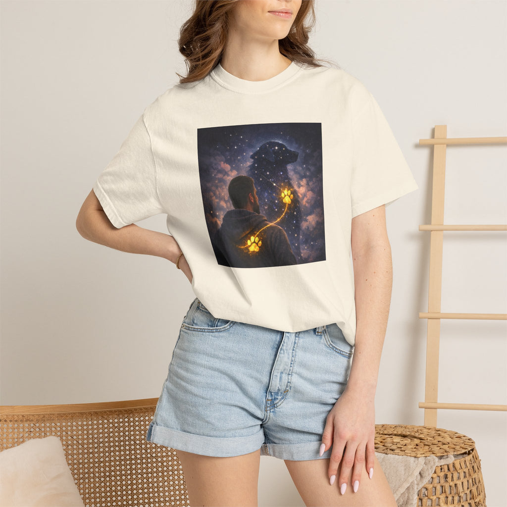 Stargazer Dog T‑Shirt — Cosmic Silhouette with Glowing Pawprint