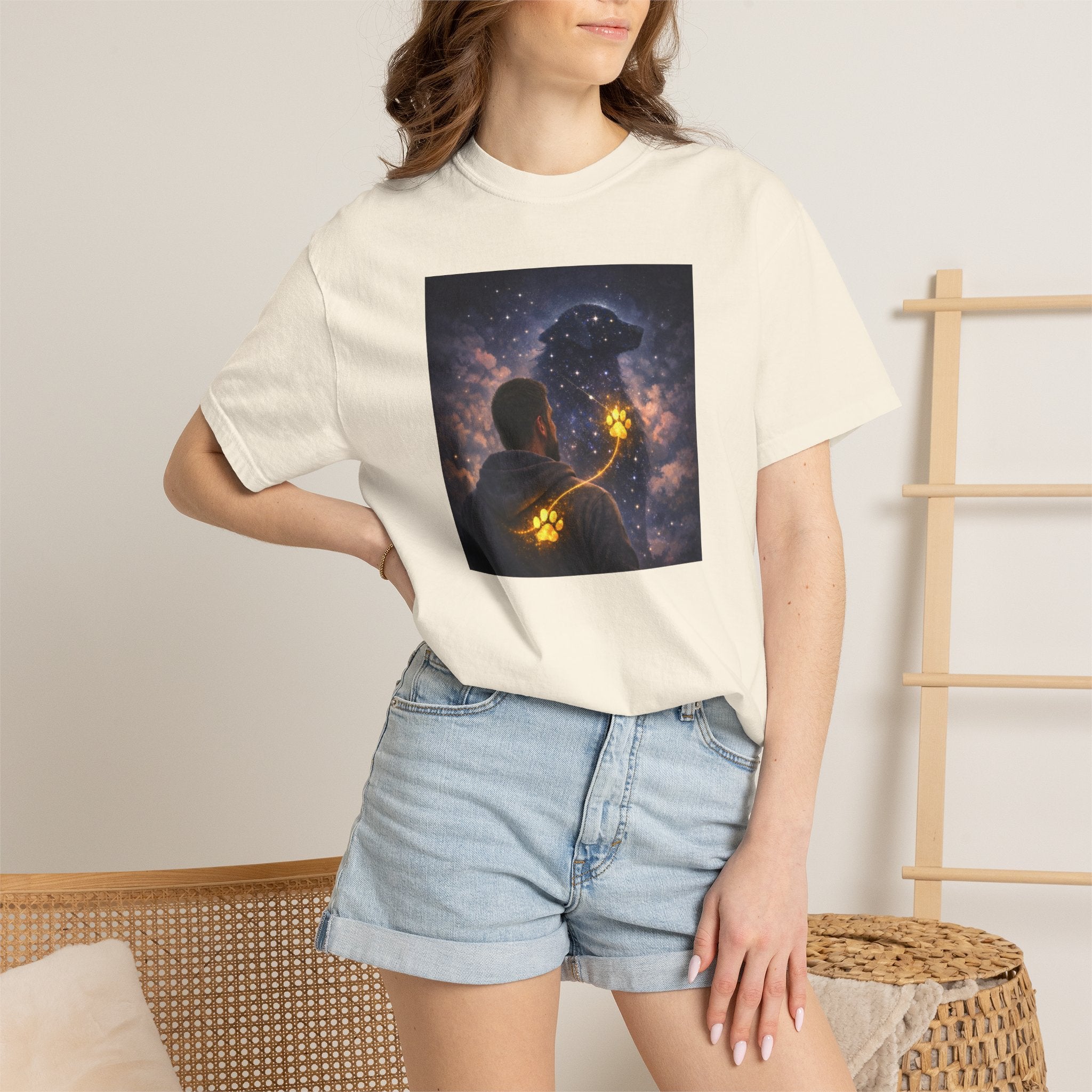 Stargazer Dog T‑Shirt — Cosmic Silhouette with Glowing Pawprint