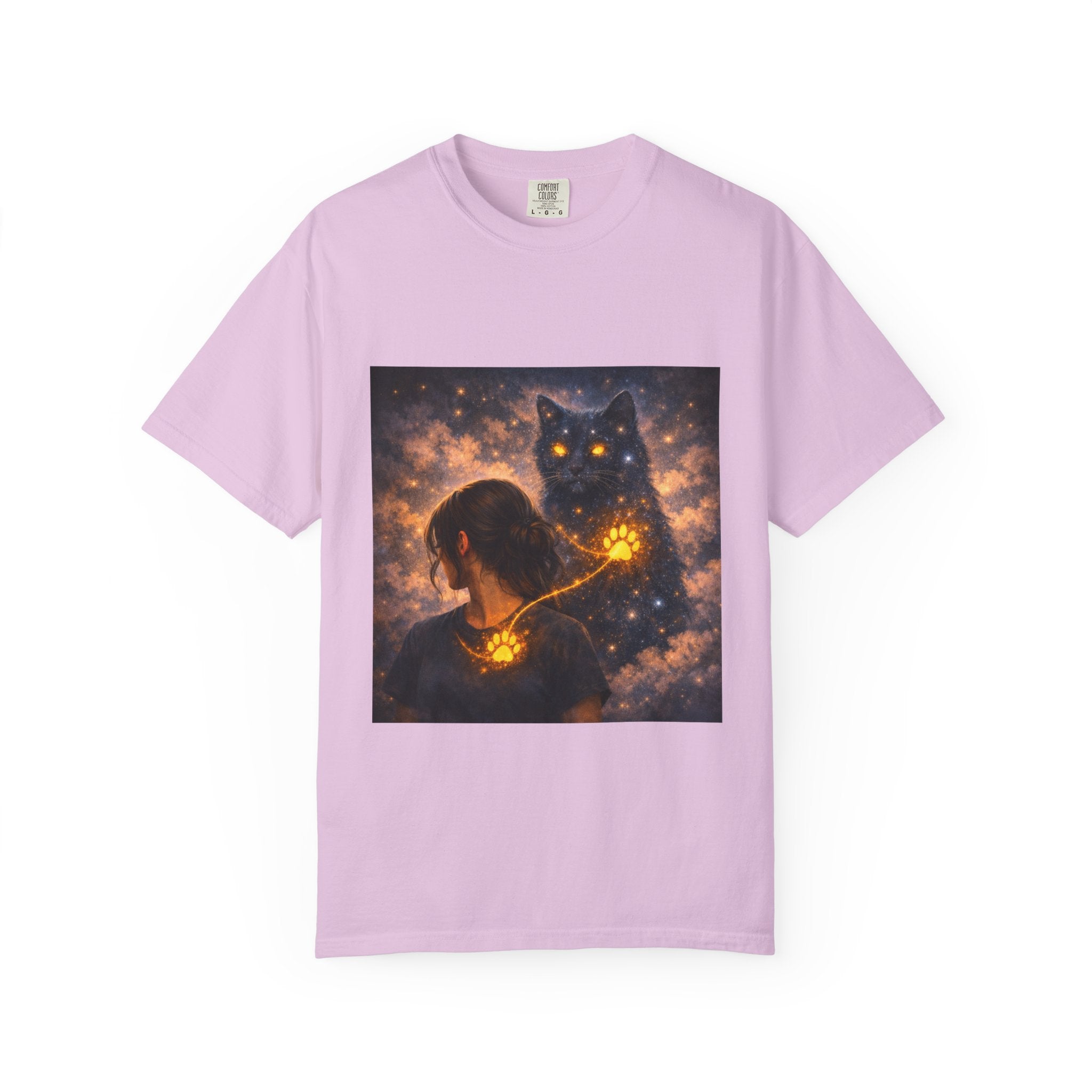 Mystic Cat Guardian T-Shirt — Glowing Heart & Starry Night Graphic Tee