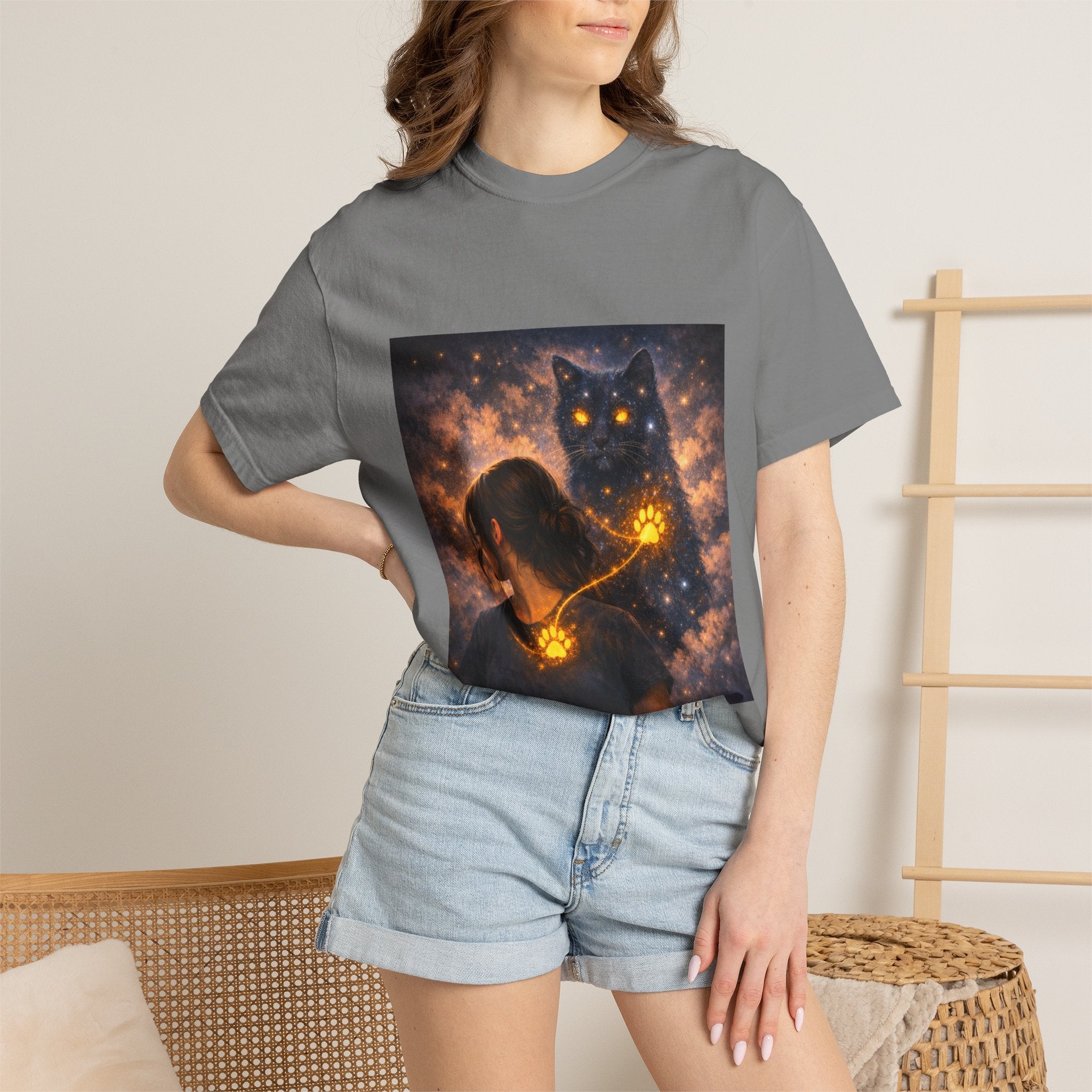 Mystic Cat Guardian T-Shirt — Glowing Heart & Starry Night Graphic Tee