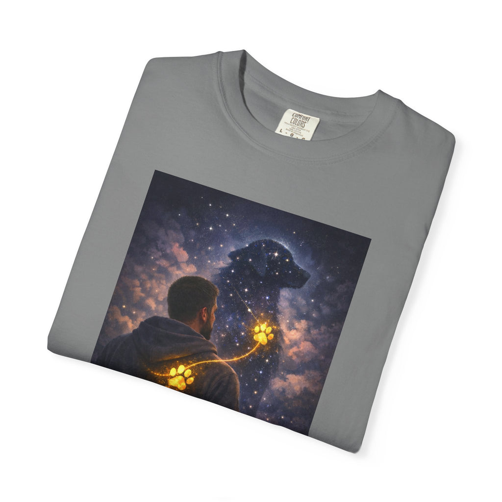 Stargazer Dog T‑Shirt — Cosmic Silhouette with Glowing Pawprint