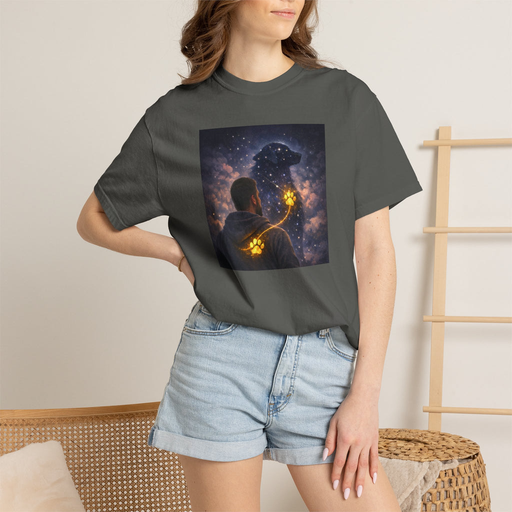 Stargazer Dog T‑Shirt — Cosmic Silhouette with Glowing Pawprint