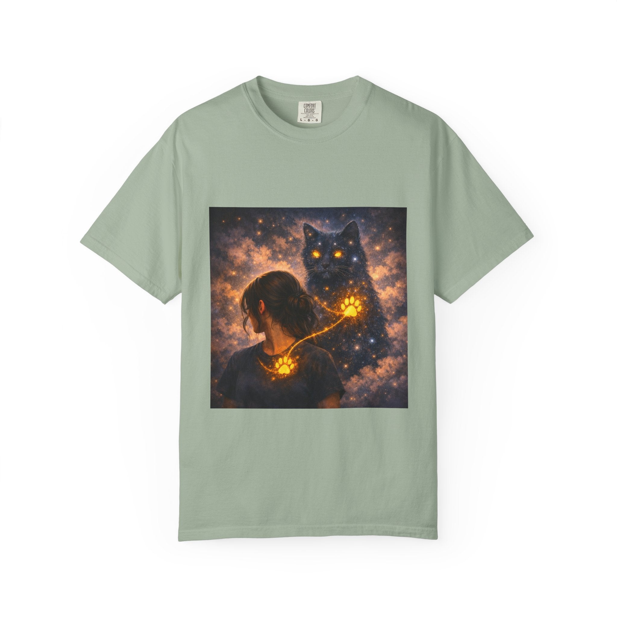Mystic Cat Guardian T-Shirt — Glowing Heart & Starry Night Graphic Tee