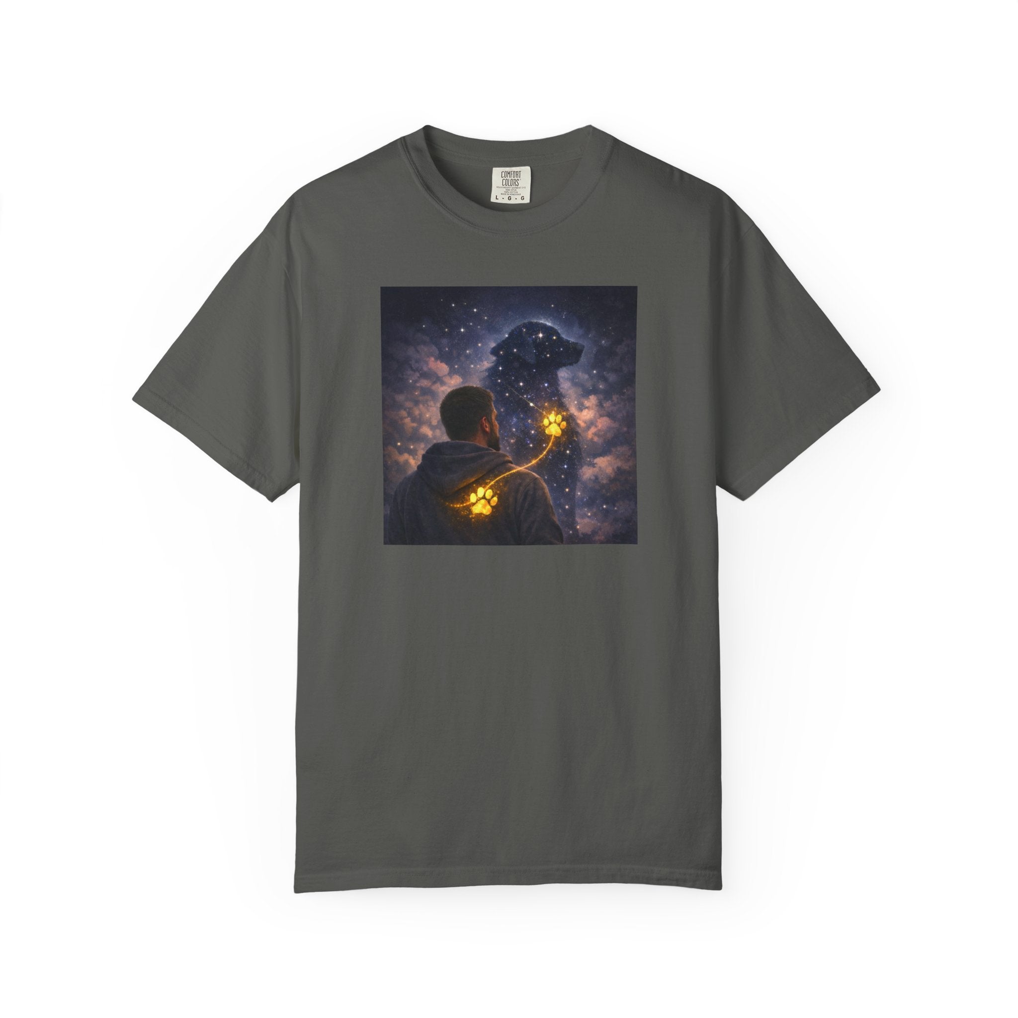 Stargazer Dog T‑Shirt — Cosmic Silhouette with Glowing Pawprint