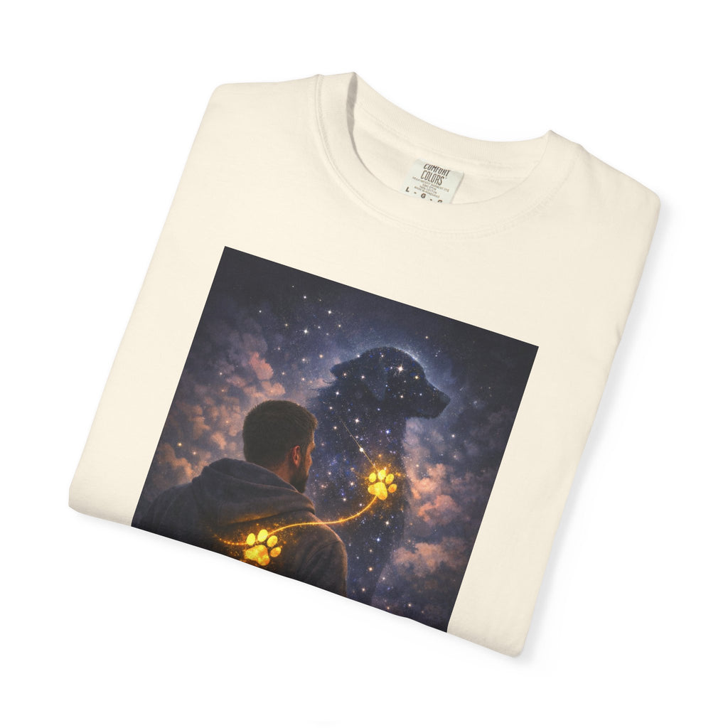Stargazer Dog T‑Shirt — Cosmic Silhouette with Glowing Pawprint