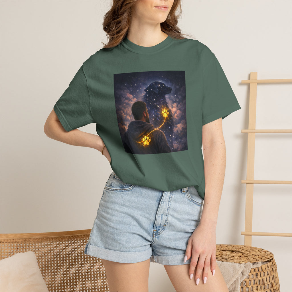 Stargazer Dog T‑Shirt — Cosmic Silhouette with Glowing Pawprint