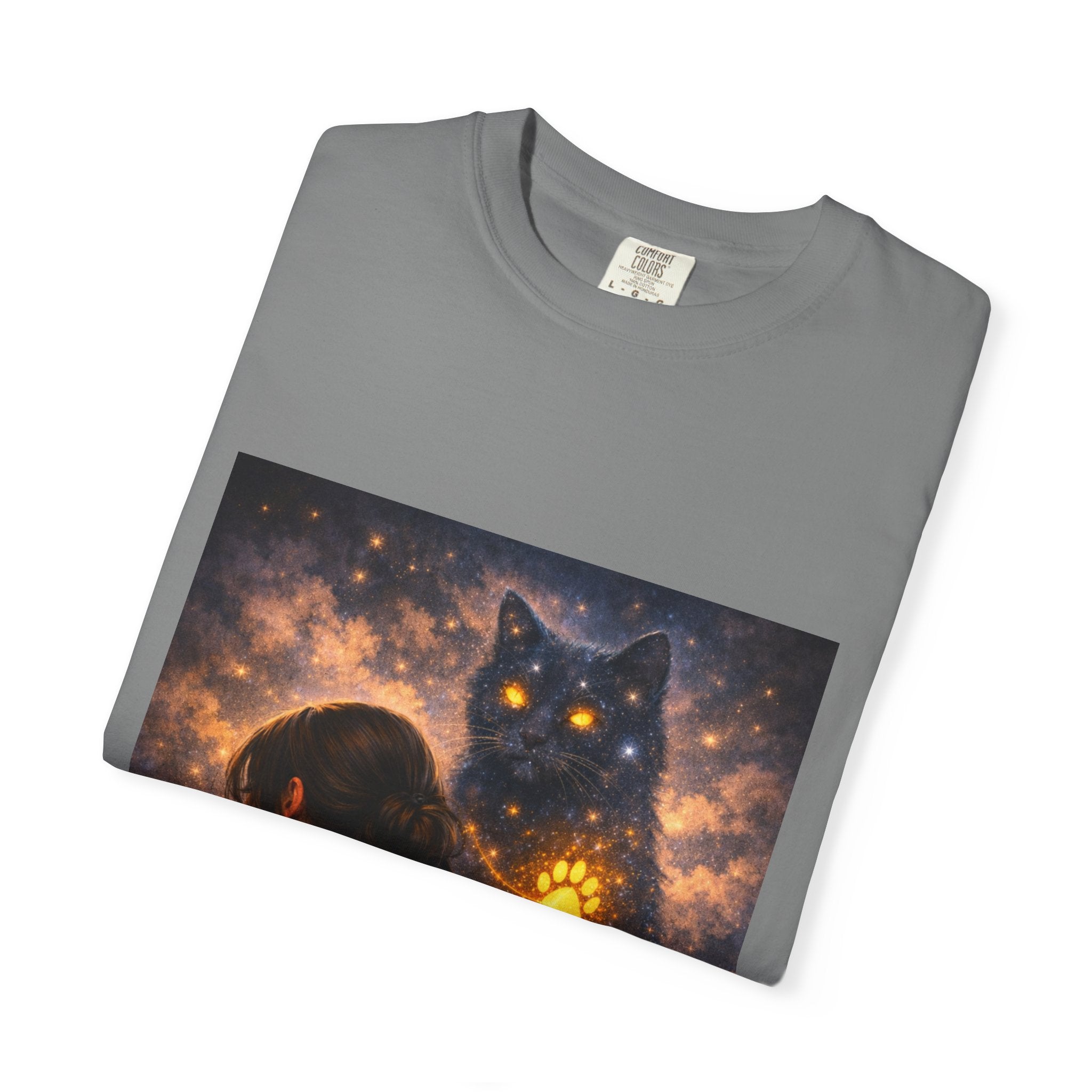 Mystic Cat Guardian T-Shirt — Glowing Heart & Starry Night Graphic Tee