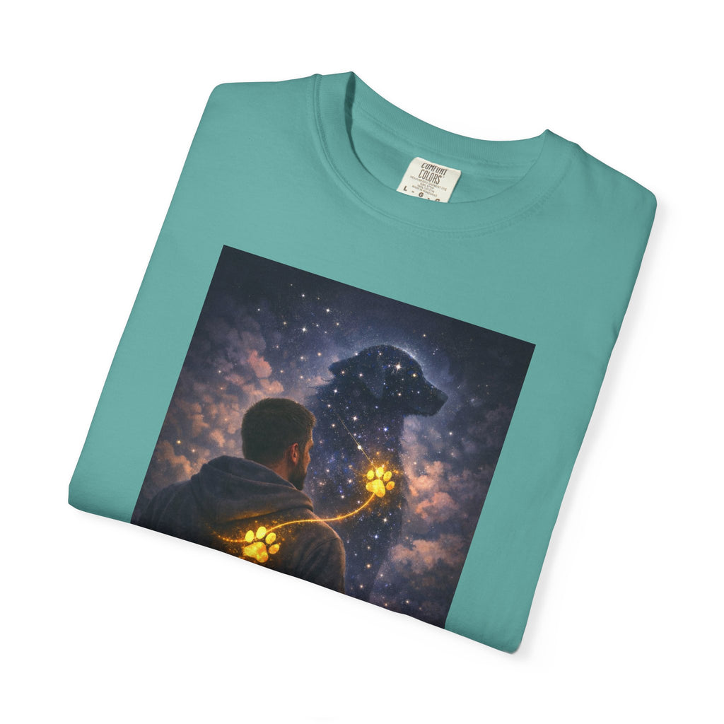 Stargazer Dog T‑Shirt — Cosmic Silhouette with Glowing Pawprint