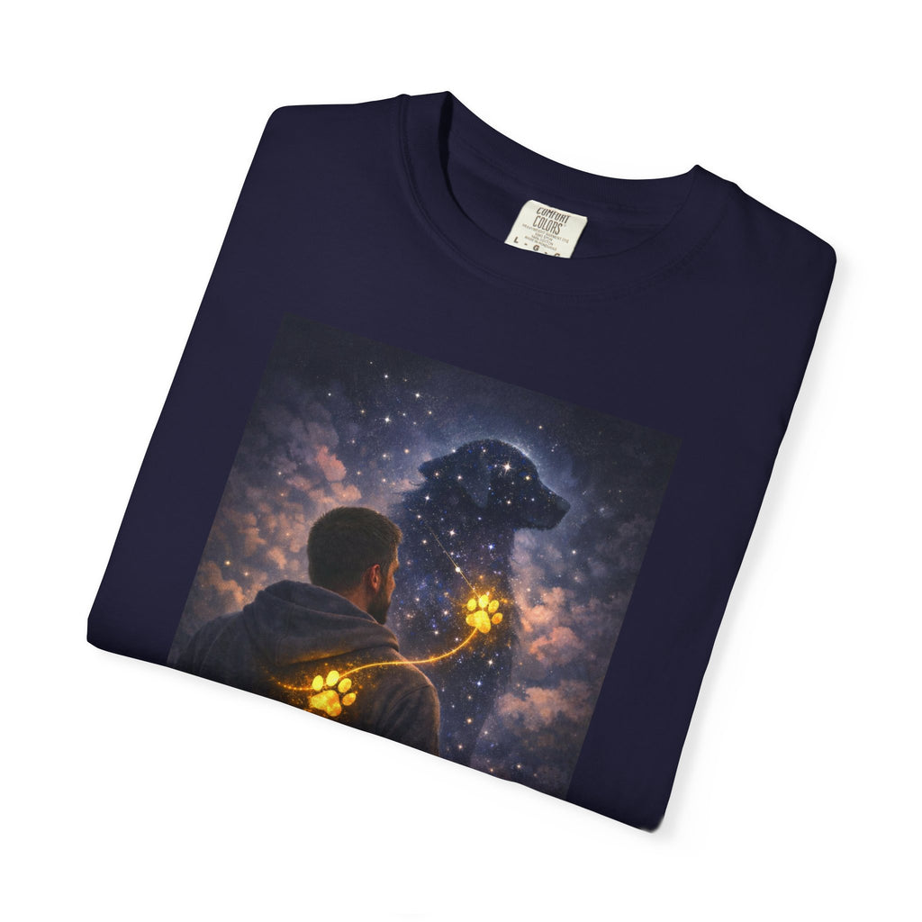 Stargazer Dog T‑Shirt — Cosmic Silhouette with Glowing Pawprint