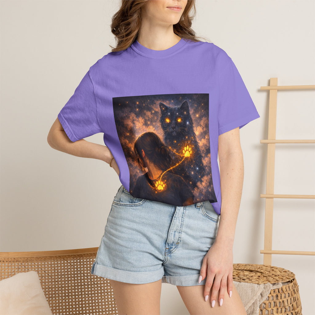 Mystic Cat Guardian T-Shirt — Glowing Heart & Starry Night Graphic Tee