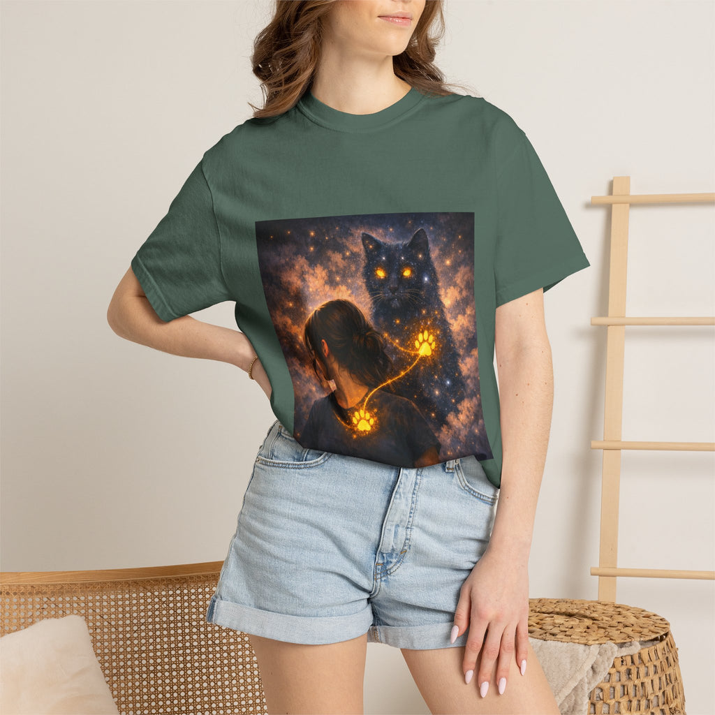 Mystic Cat Guardian T-Shirt — Glowing Heart & Starry Night Graphic Tee