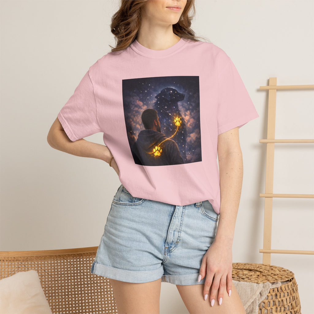 Stargazer Dog T‑Shirt — Cosmic Silhouette with Glowing Pawprint