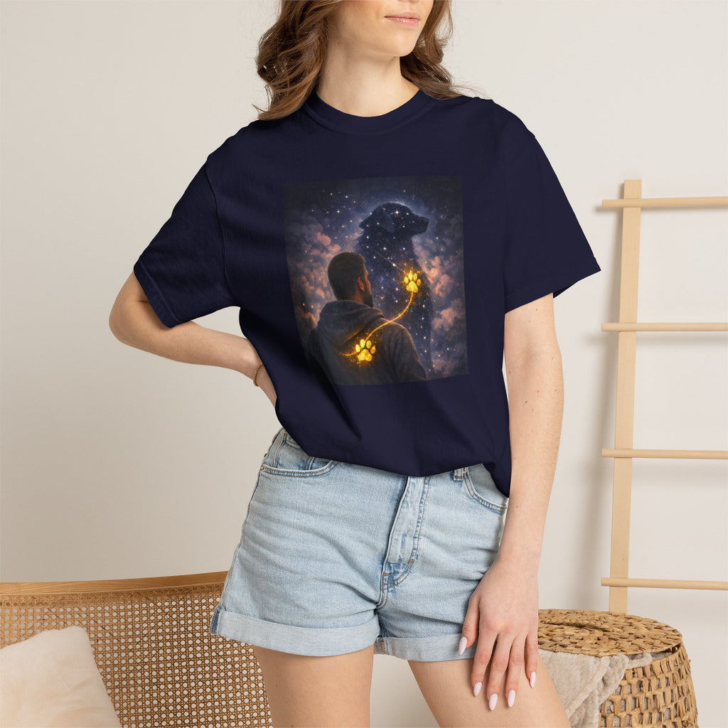 Stargazer Dog T‑Shirt — Cosmic Silhouette with Glowing Pawprint