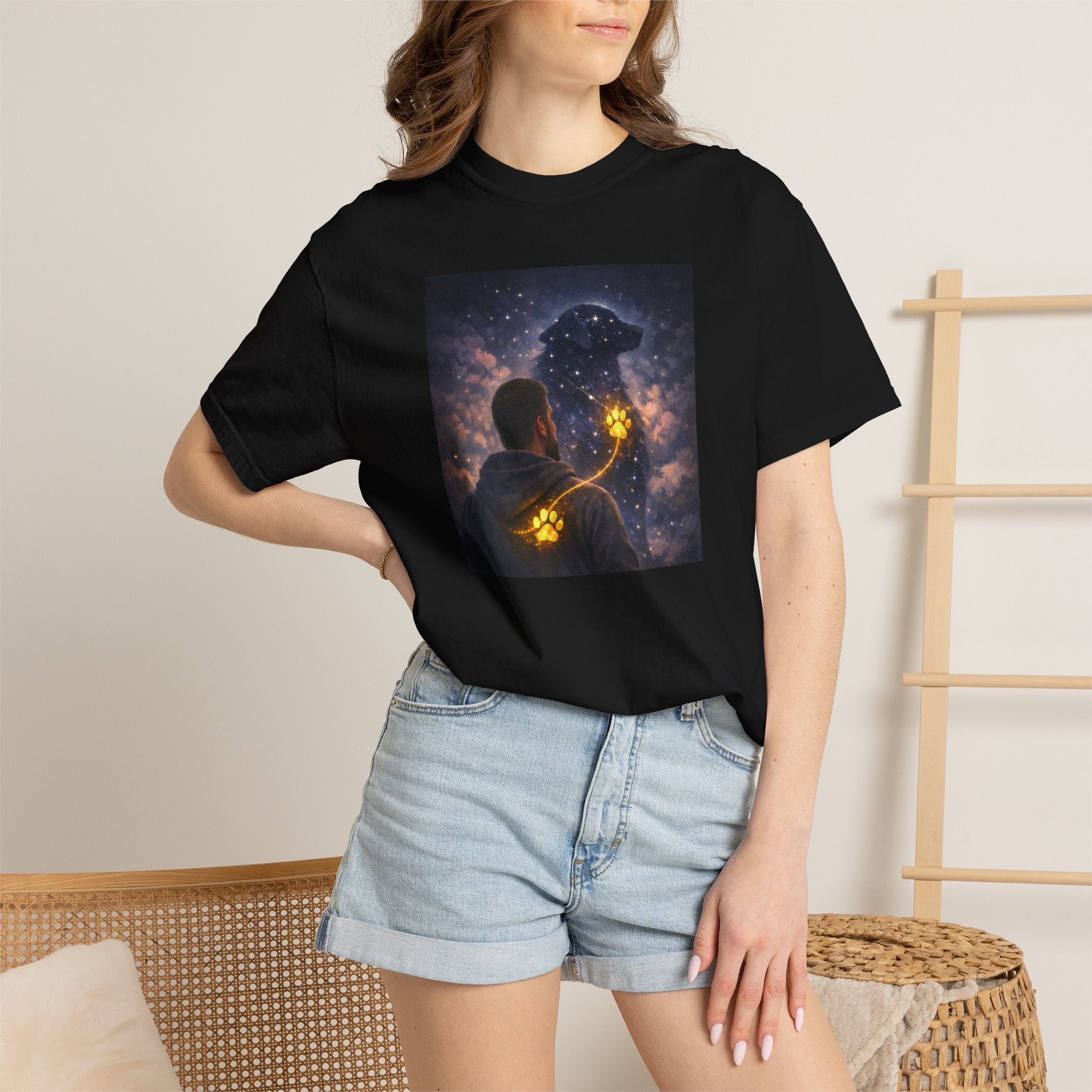 Stargazer Dog T‑Shirt — Cosmic Silhouette with Glowing Pawprint