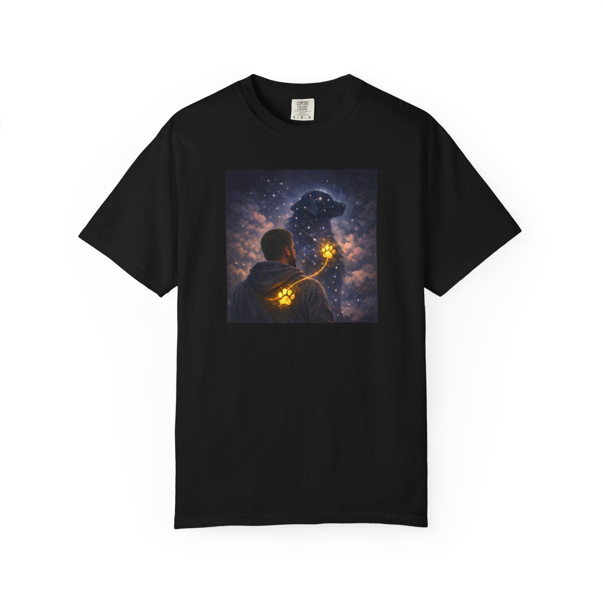 Stargazer Dog T‑Shirt — Cosmic Silhouette with Glowing Pawprint