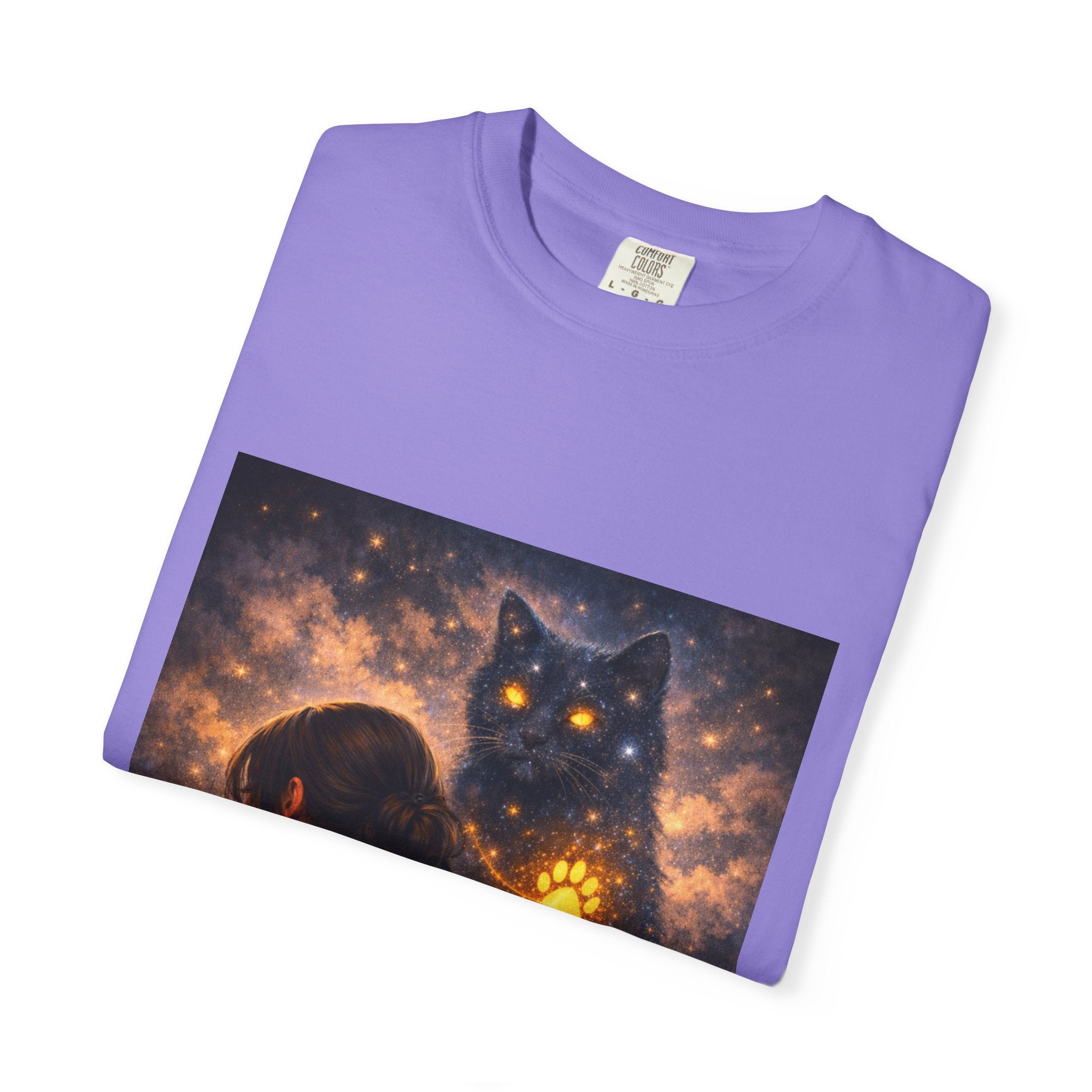 Mystic Cat Guardian T-Shirt — Glowing Heart & Starry Night Graphic Tee