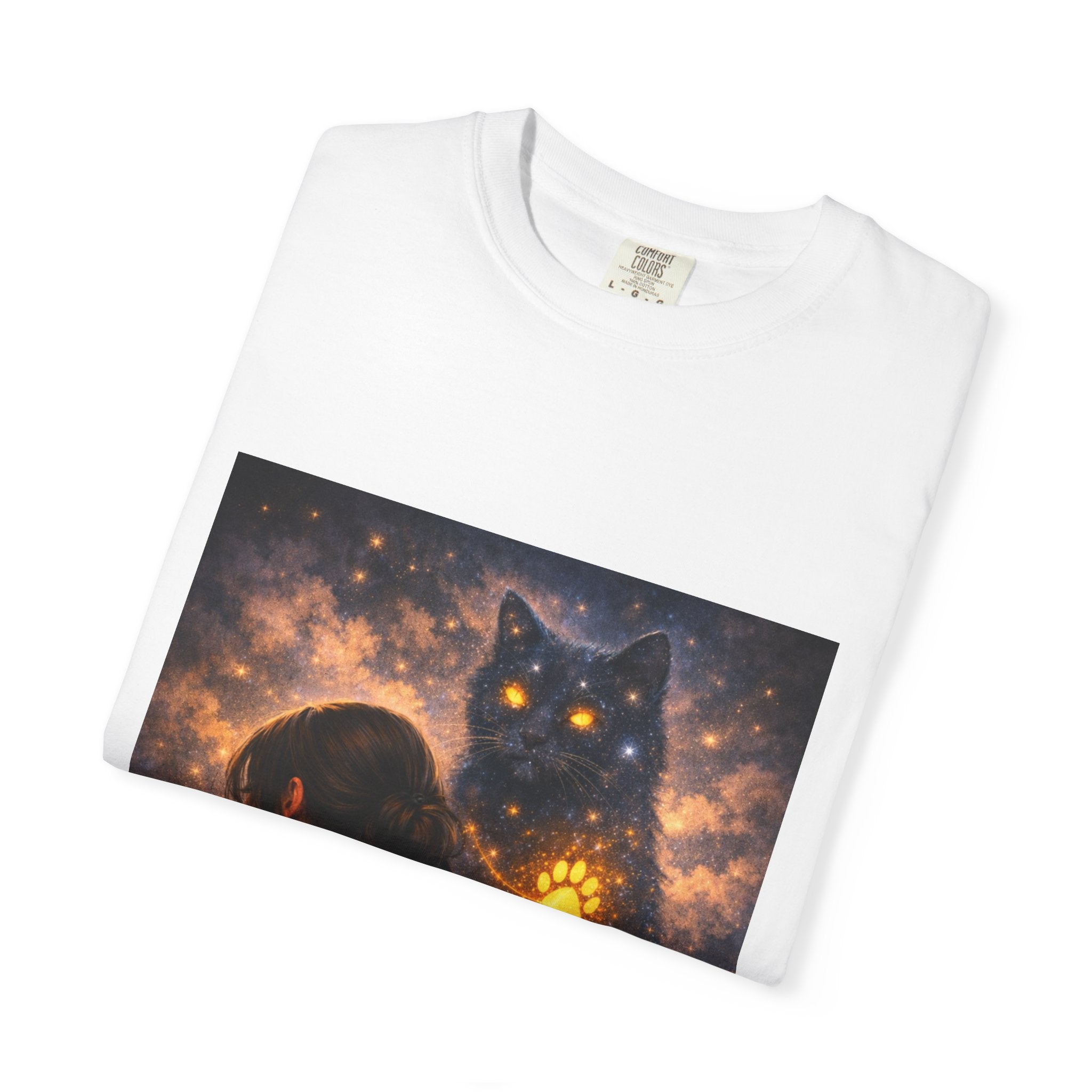 Mystic Cat Guardian T-Shirt — Glowing Heart & Starry Night Graphic Tee