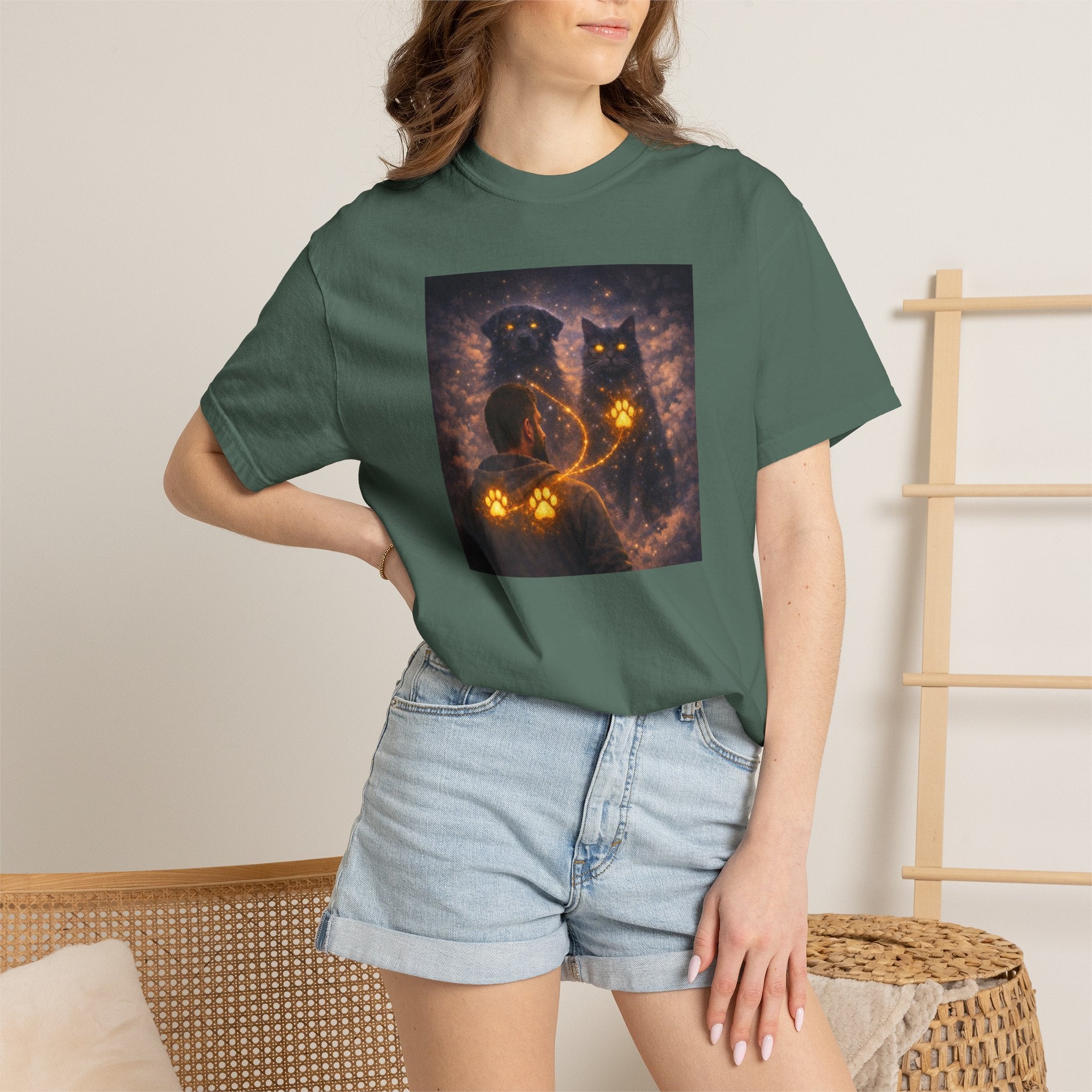 Glowing Paw Cats T-Shirt — Mystical Night Cats with Illuminated Pawprint Design