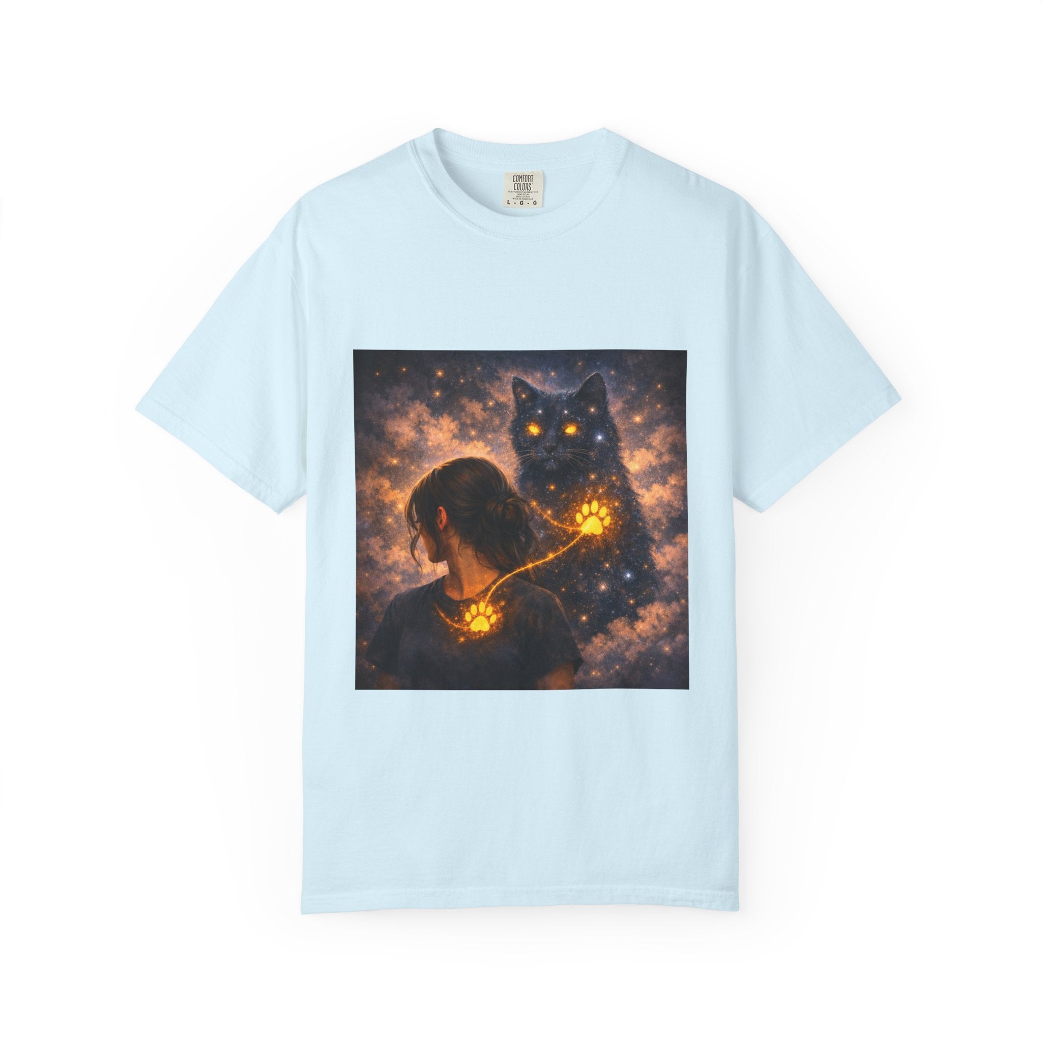 Mystic Cat Guardian T-Shirt — Glowing Heart & Starry Night Graphic Tee