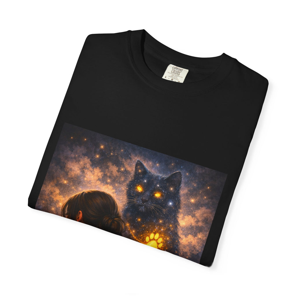 Mystic Cat Guardian T-Shirt — Glowing Heart & Starry Night Graphic Tee