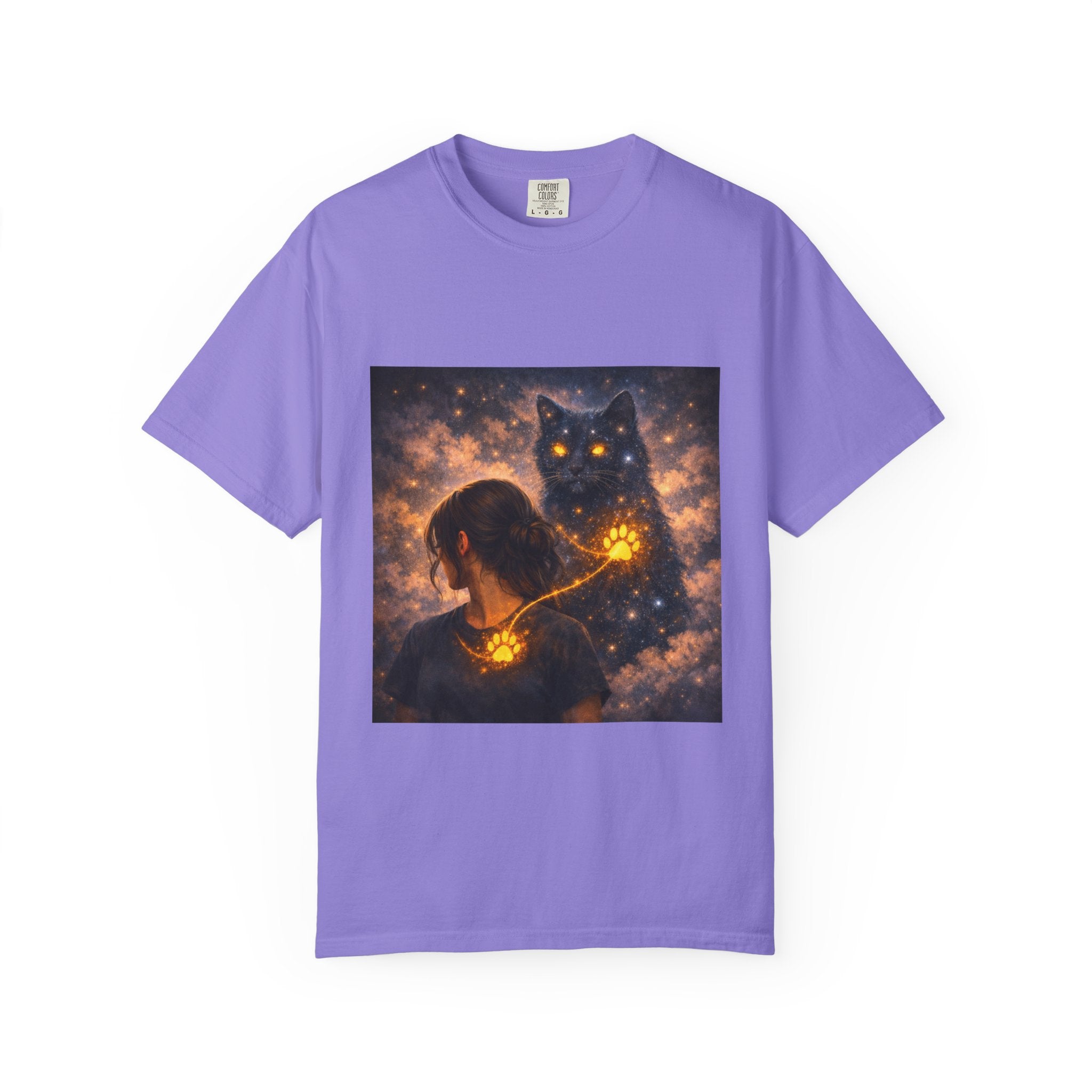 Mystic Cat Guardian T-Shirt — Glowing Heart & Starry Night Graphic Tee