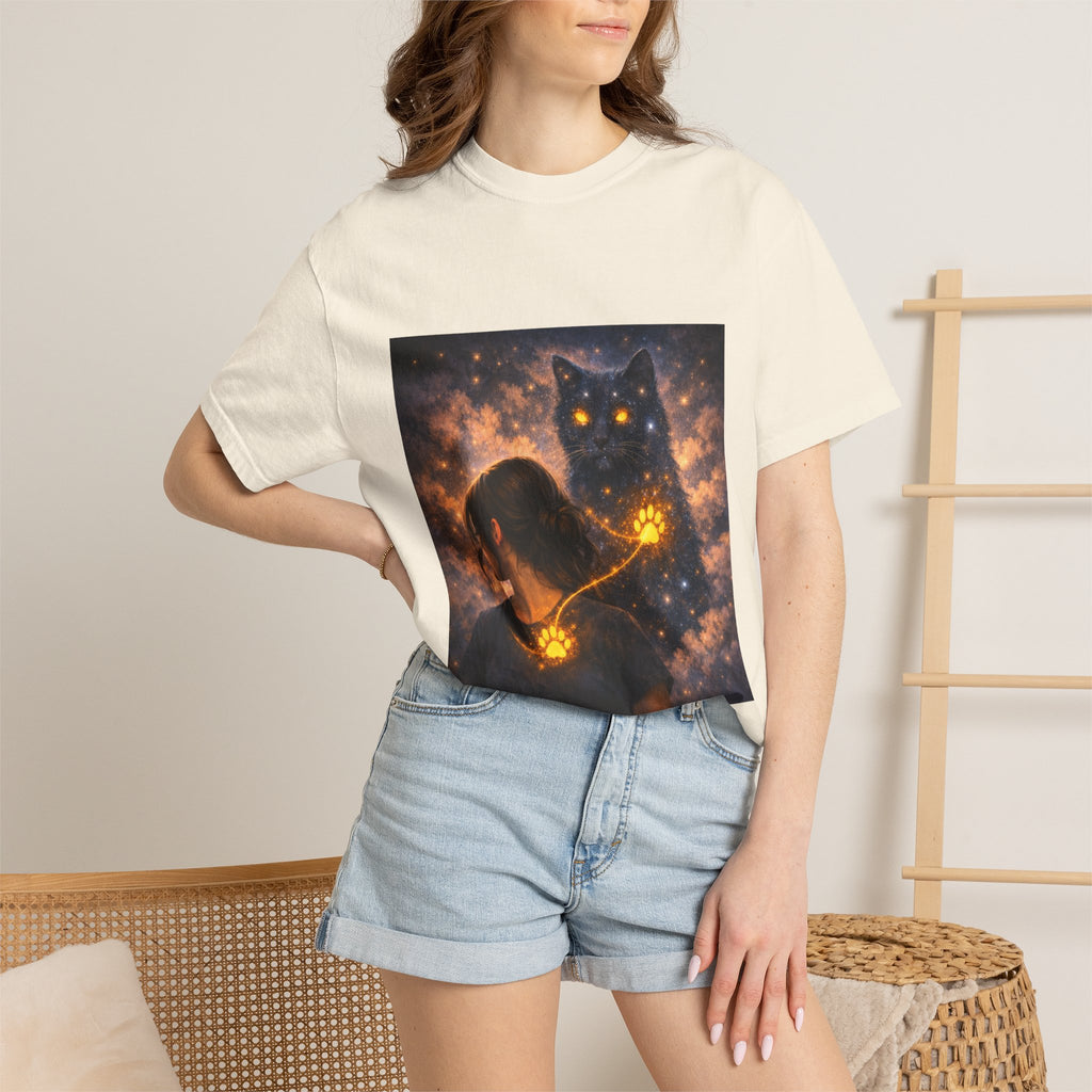 Mystic Cat Guardian T-Shirt — Glowing Heart & Starry Night Graphic Tee