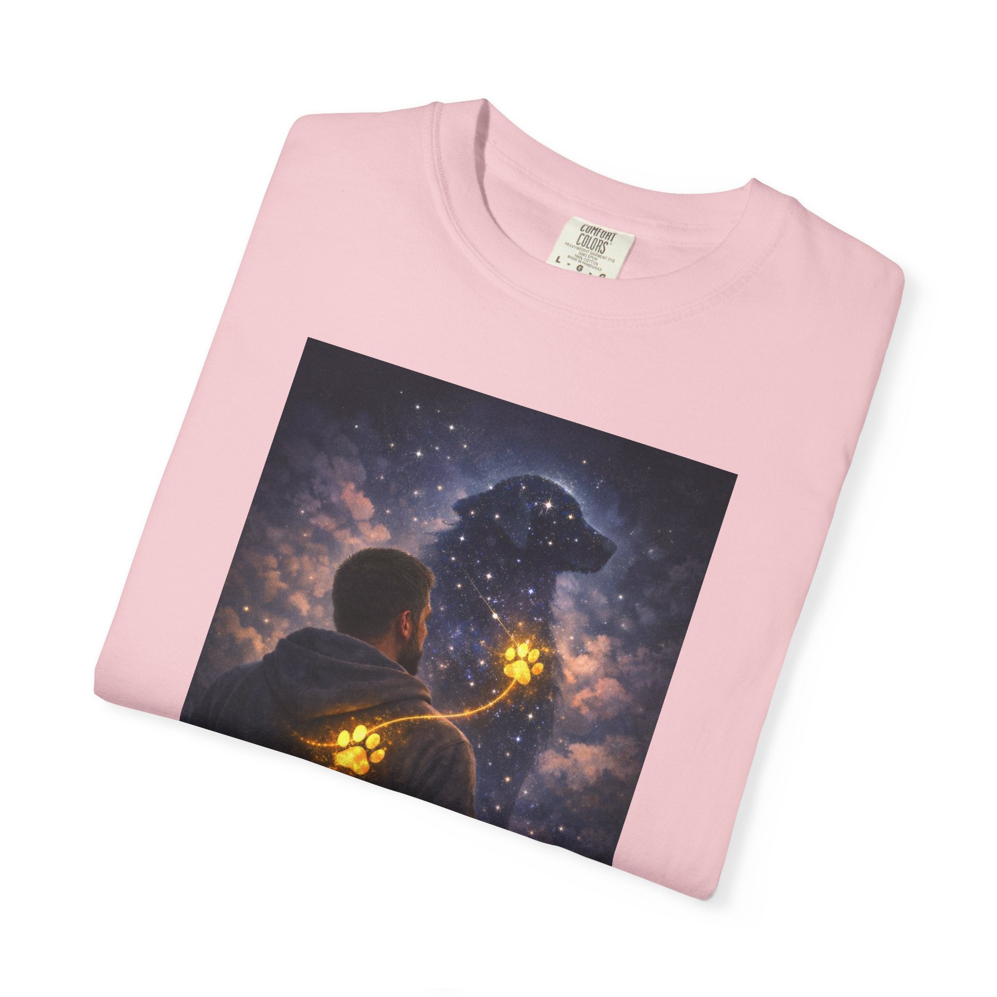 Stargazer Dog T‑Shirt — Cosmic Silhouette with Glowing Pawprint