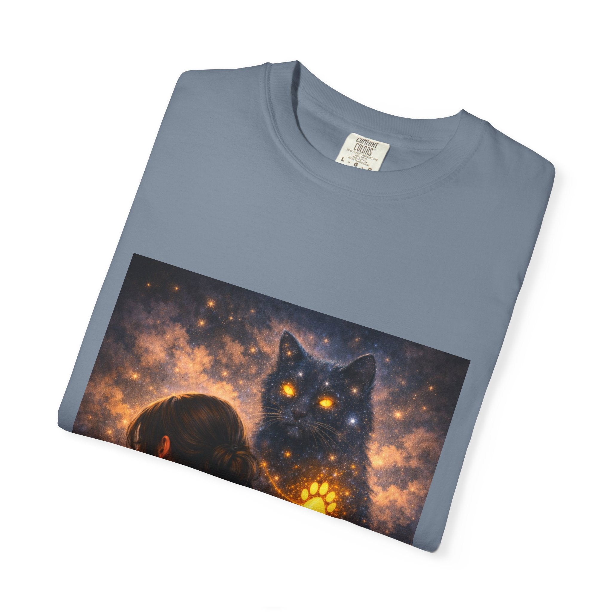 Mystic Cat Guardian T-Shirt — Glowing Heart & Starry Night Graphic Tee