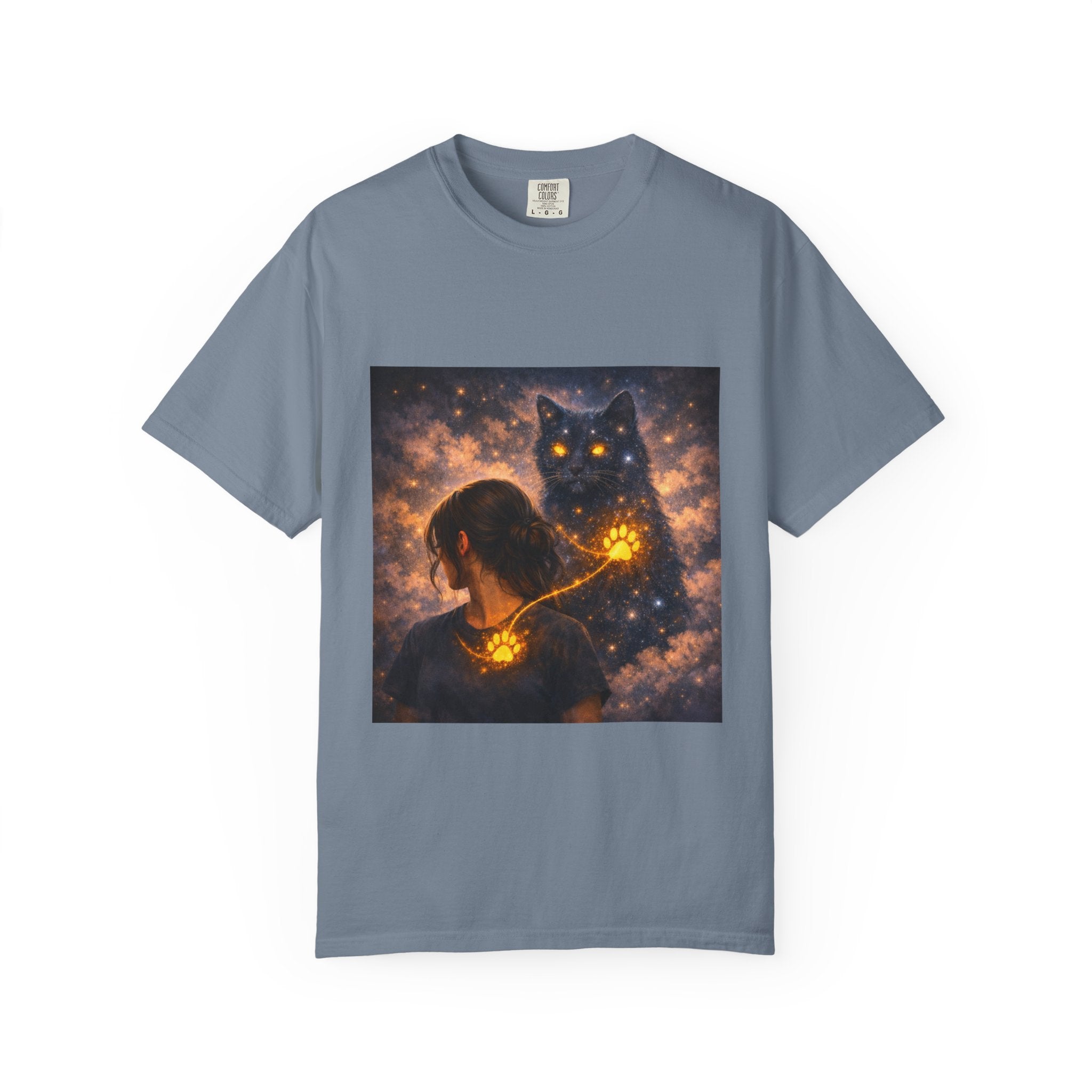 Mystic Cat Guardian T-Shirt — Glowing Heart & Starry Night Graphic Tee