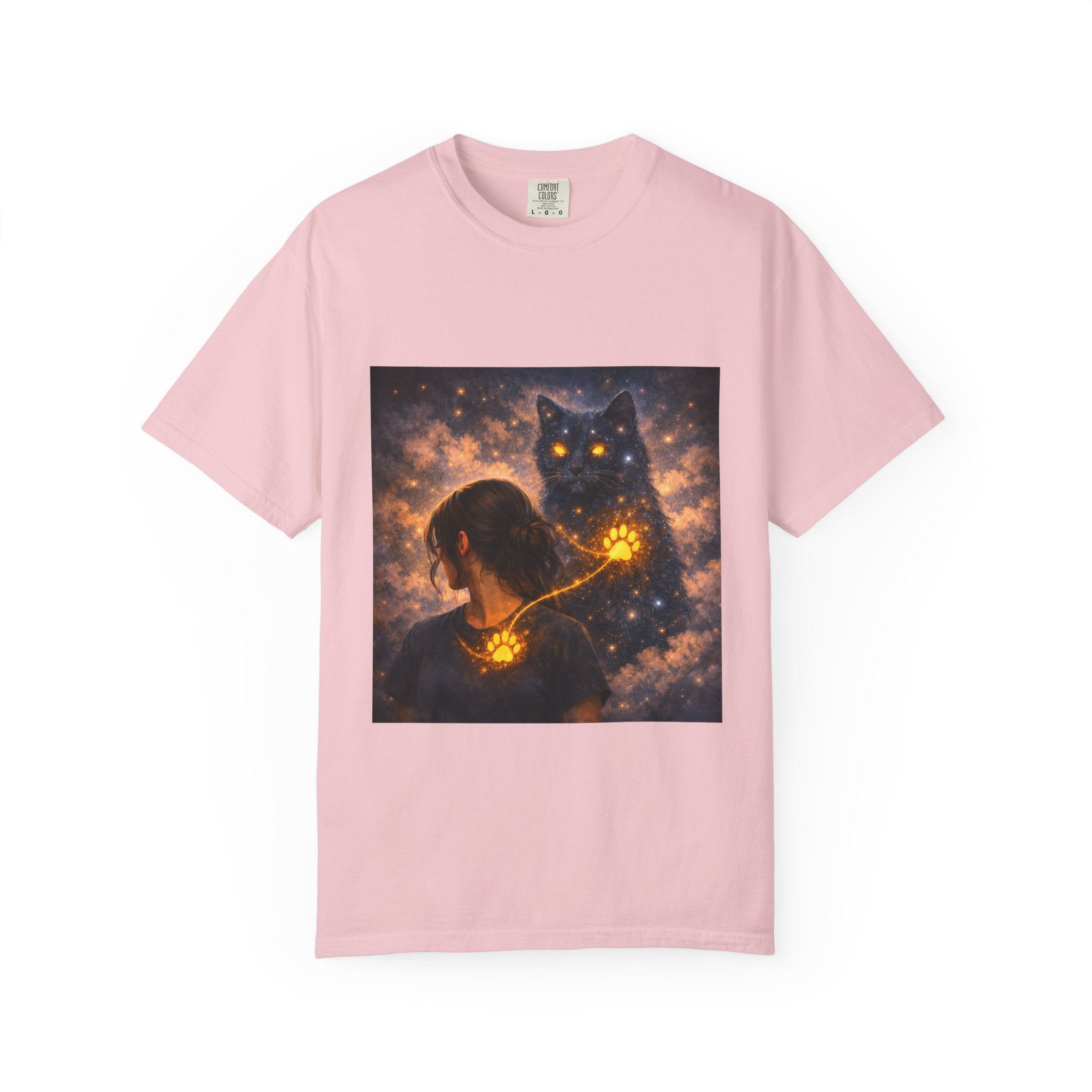 Mystic Cat Guardian T-Shirt — Glowing Heart & Starry Night Graphic Tee