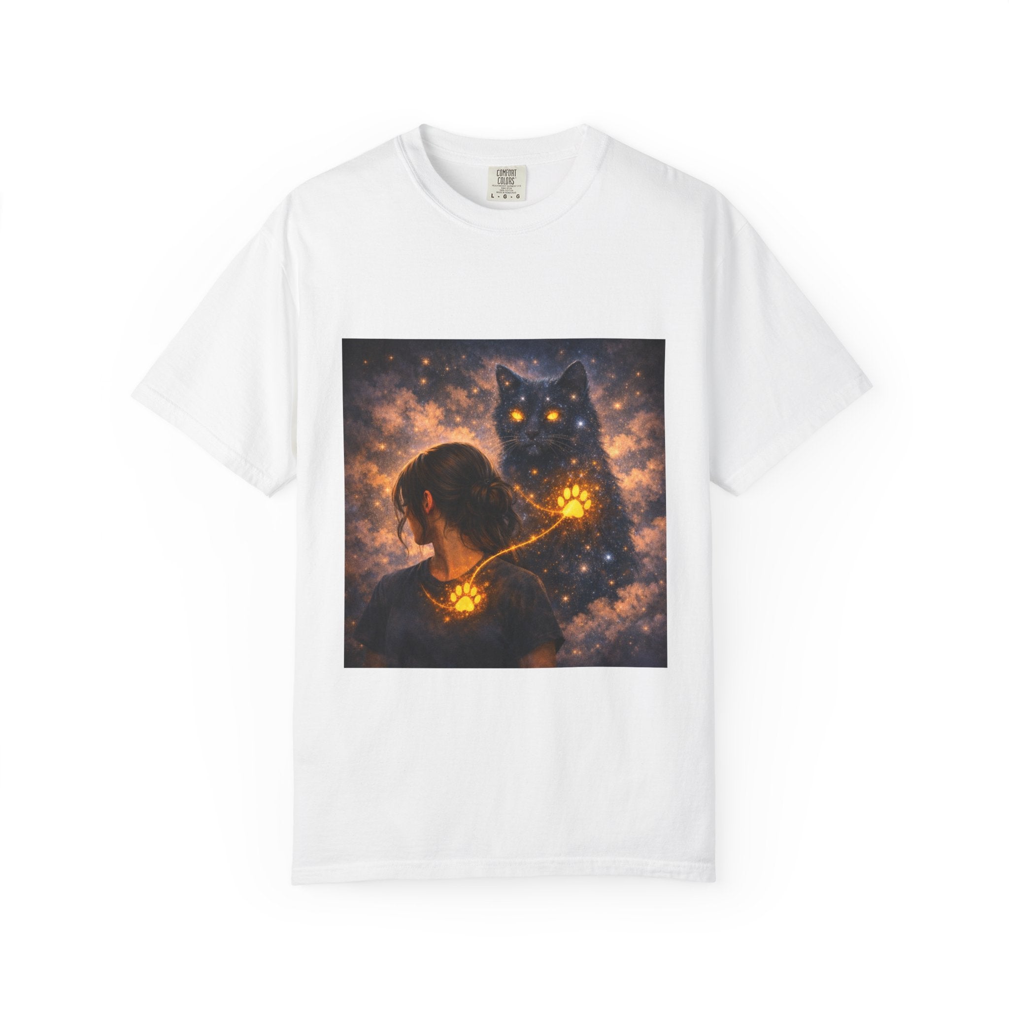 Mystic Cat Guardian T-Shirt — Glowing Heart & Starry Night Graphic Tee