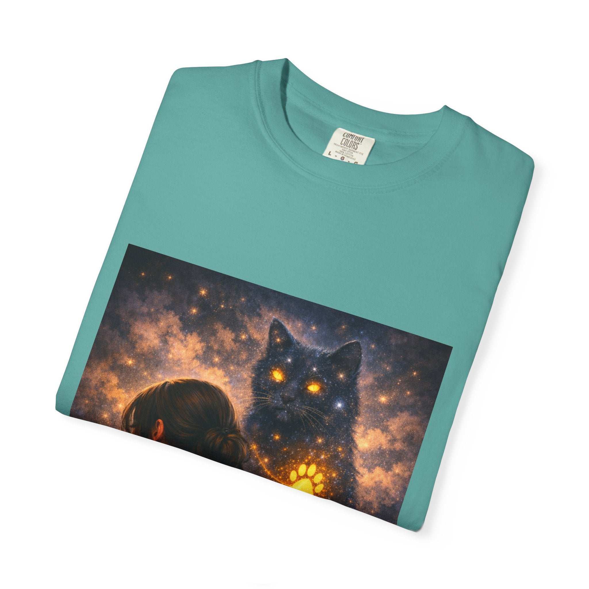 Mystic Cat Guardian T-Shirt — Glowing Heart & Starry Night Graphic Tee