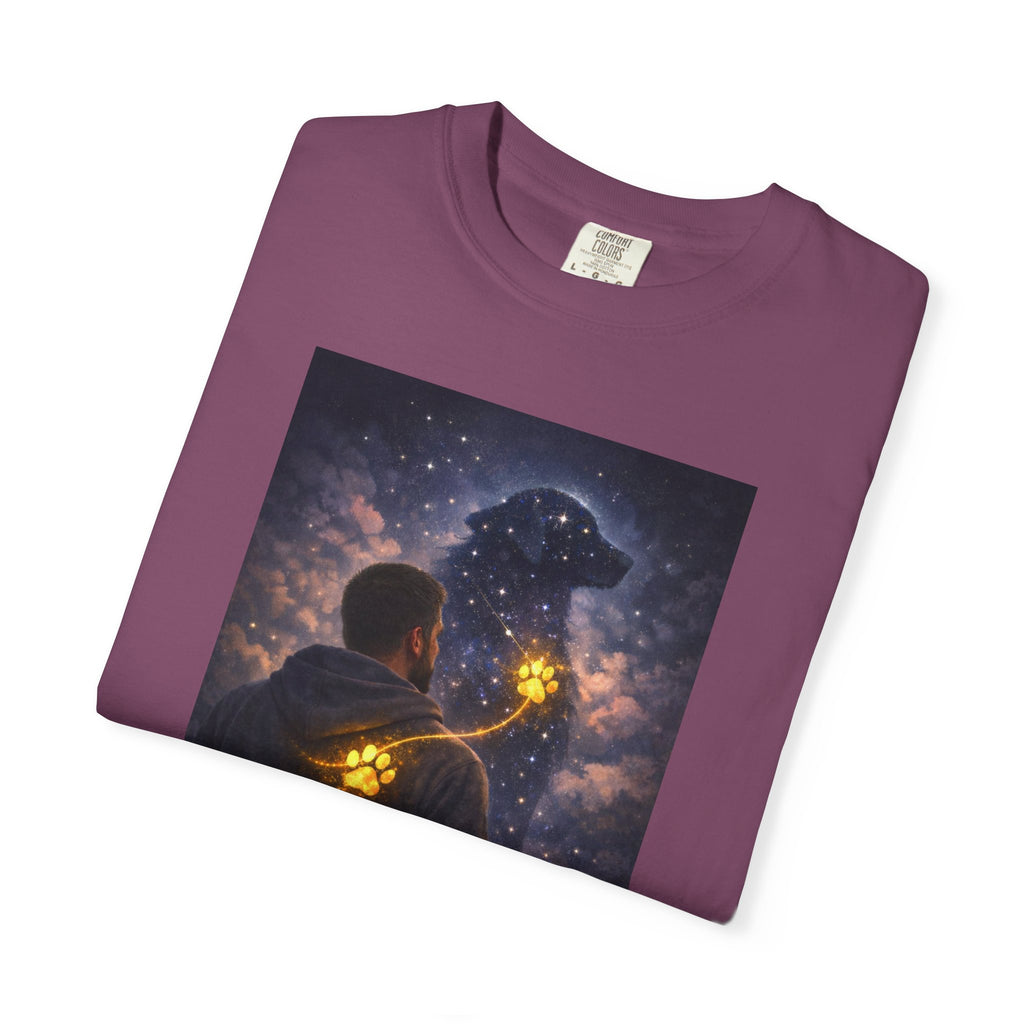 Stargazer Dog T‑Shirt — Cosmic Silhouette with Glowing Pawprint