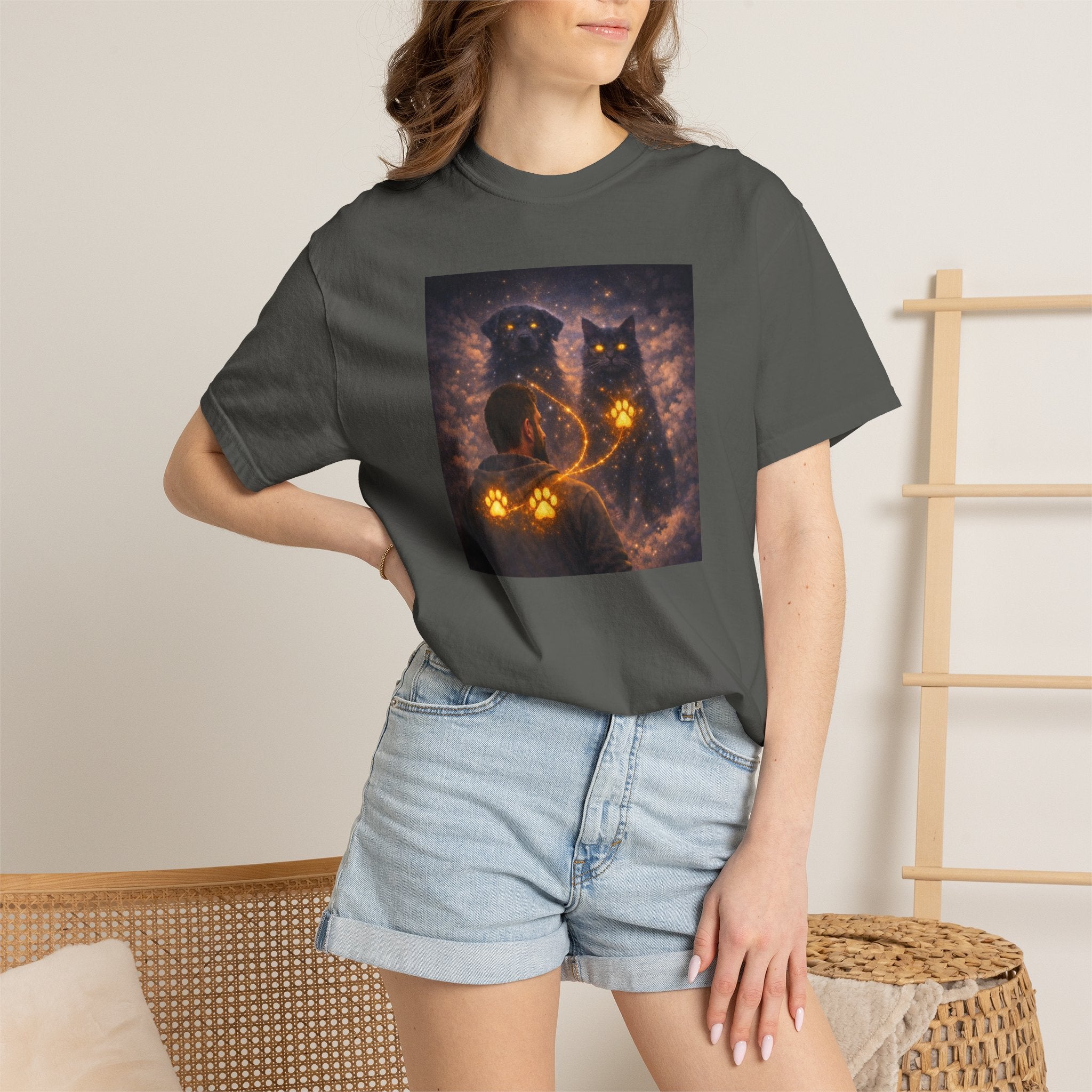 Glowing Paw Cats T-Shirt — Mystical Night Cats with Illuminated Pawprint Design