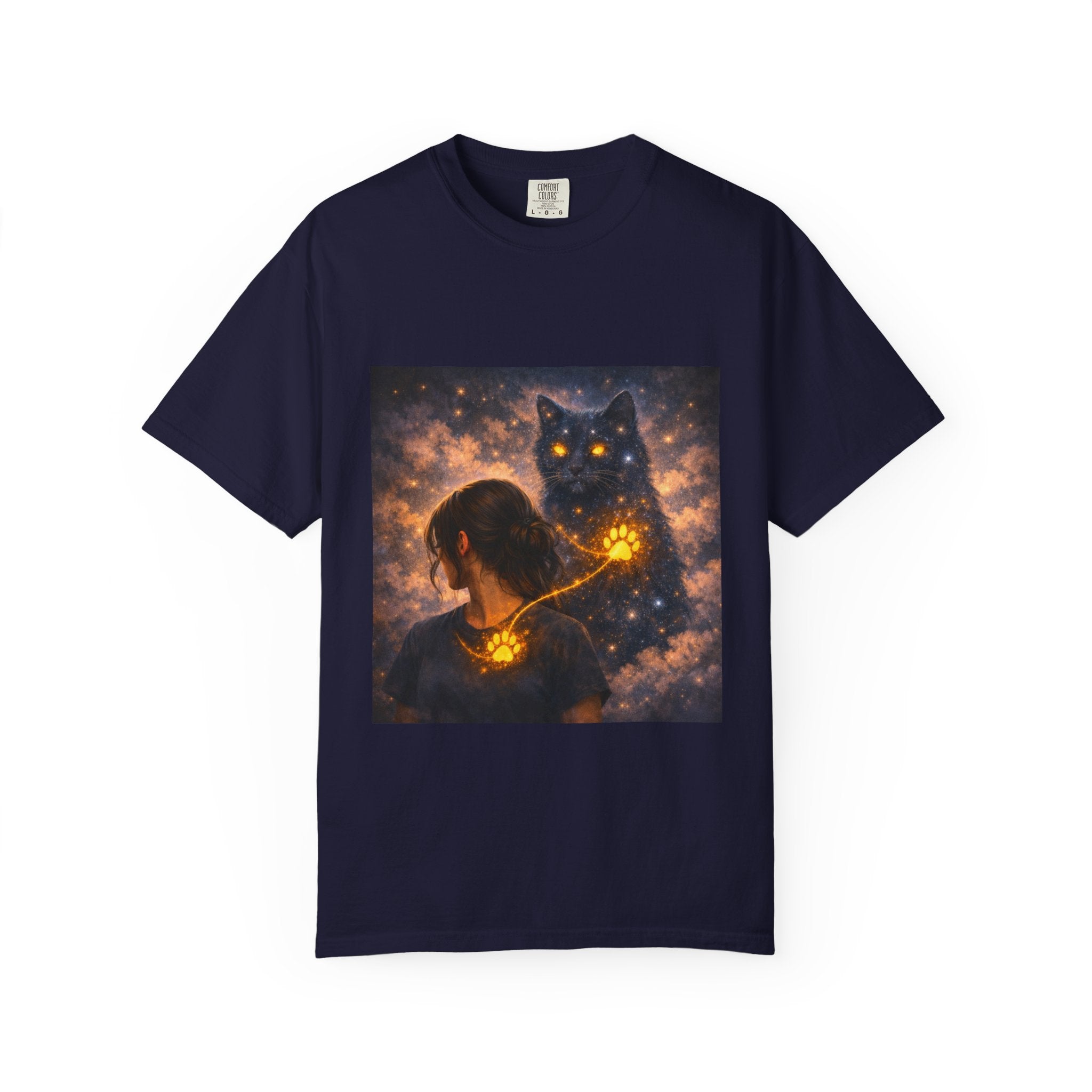 Mystic Cat Guardian T-Shirt — Glowing Heart & Starry Night Graphic Tee